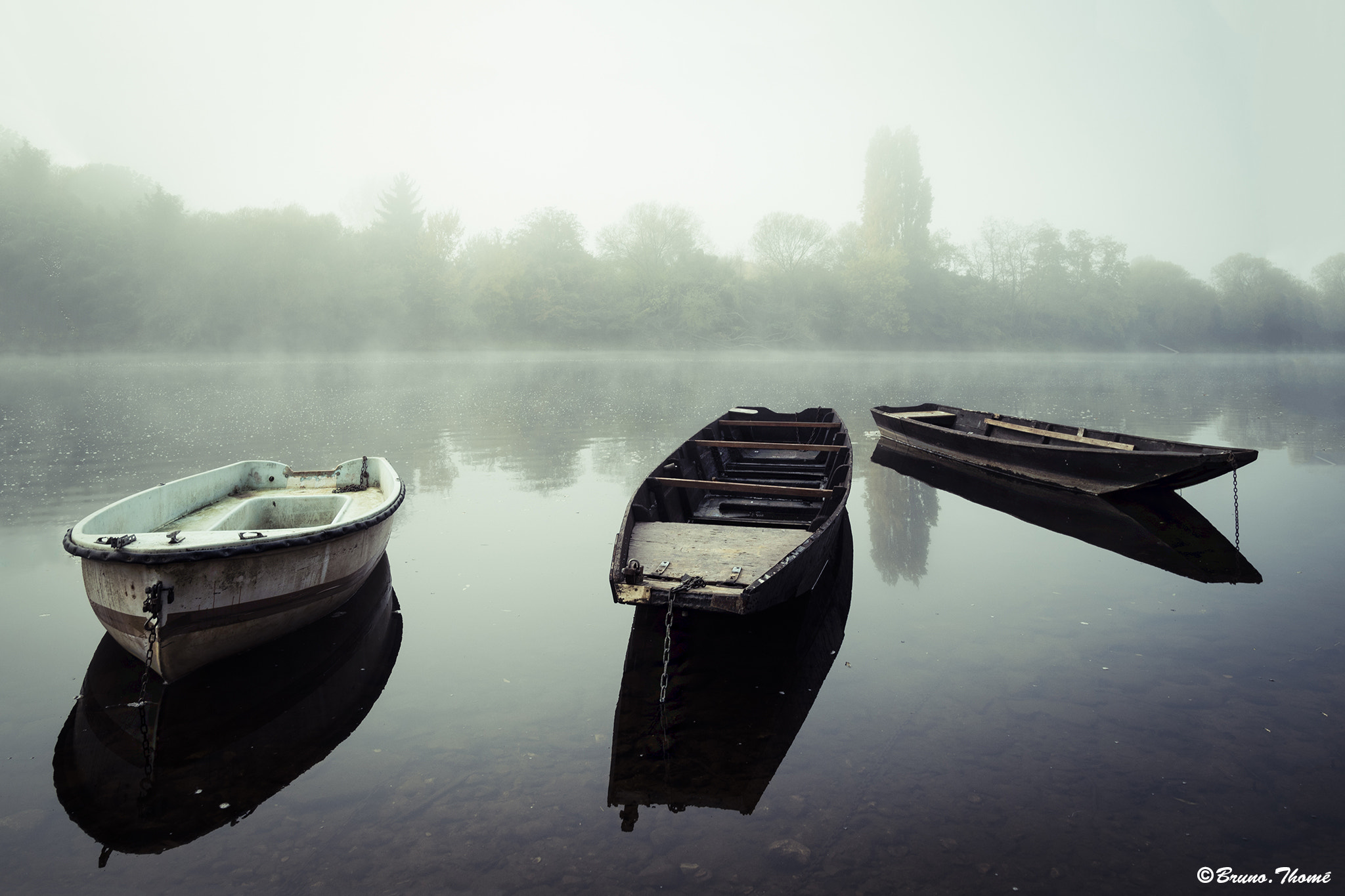 Pentax K-1 sample photo. Three little boats in the mist photography