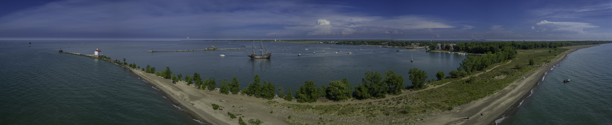 DJI FC550 sample photo. Panoramic aerial of tall ship in fairport harbor on lake erie ohio photography