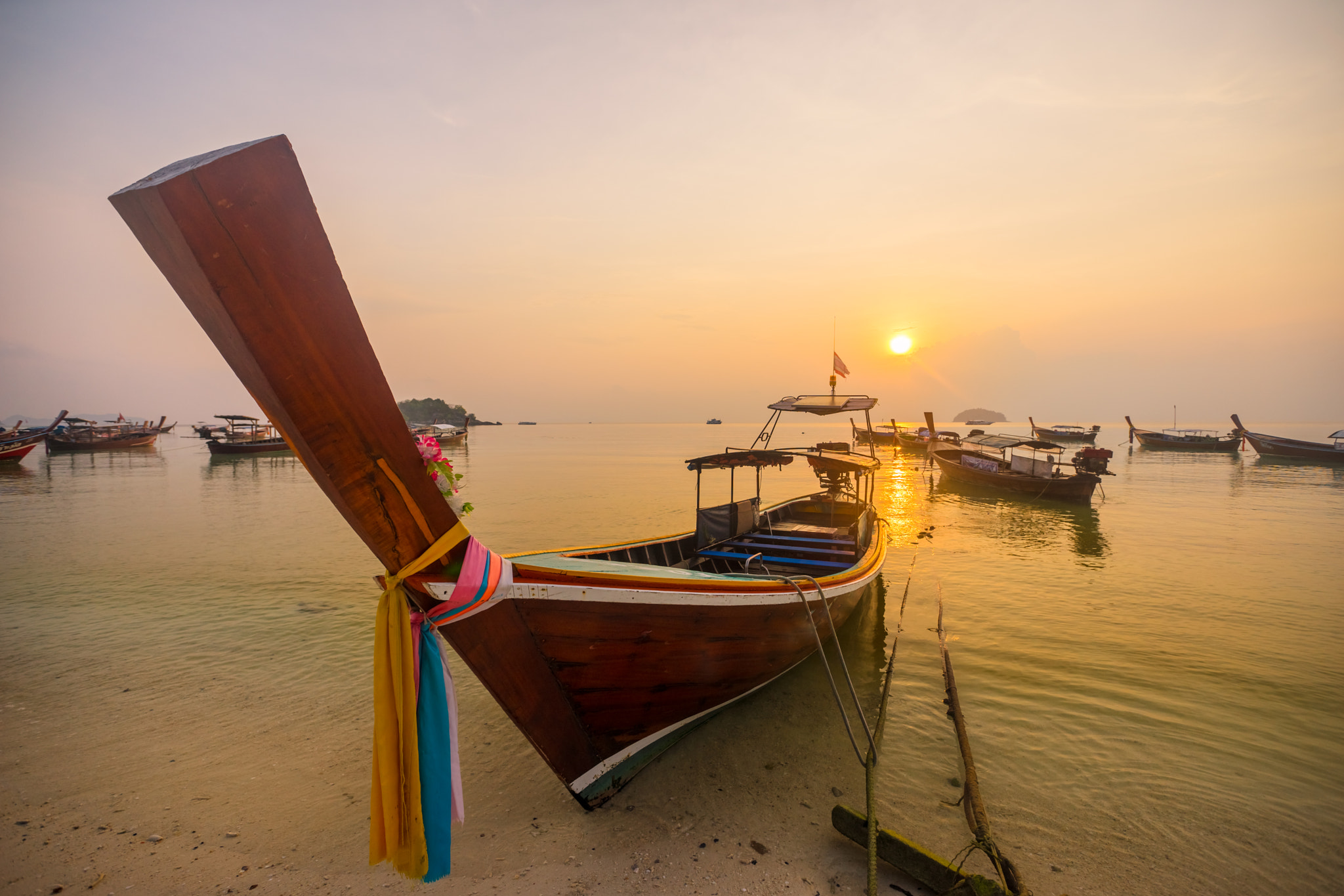 Sony a7 sample photo. Beautiful sunrise and thai fishing boats  at lipe island  ,  sat photography
