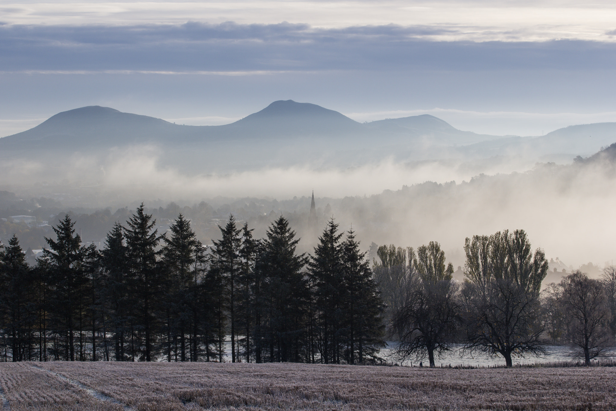 Canon EOS 550D (EOS Rebel T2i / EOS Kiss X4) + Canon EF 70-200mm F4L USM sample photo. Early morning mist in galashiels photography