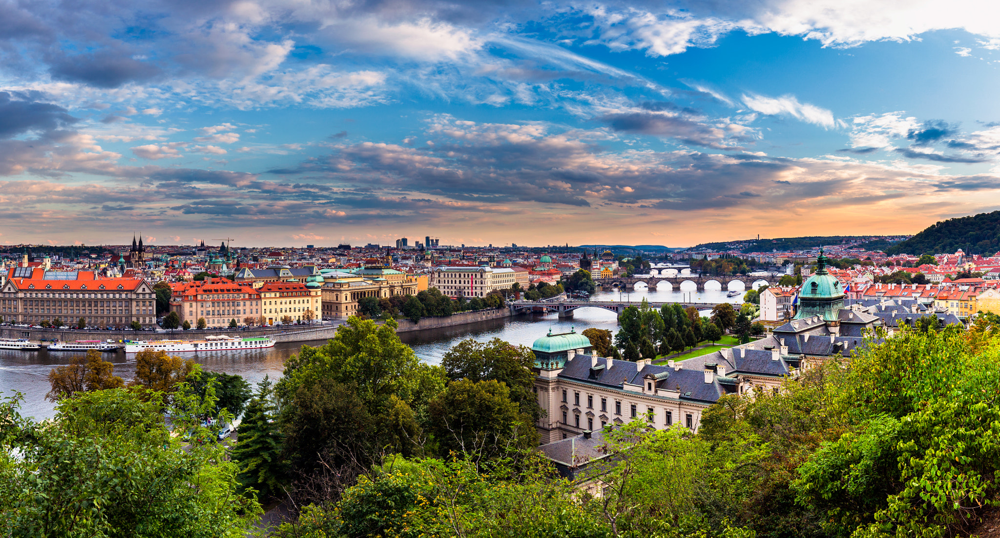 Canon EF 16-35mm F4L IS USM sample photo. Prague sunset panorama city skyline and charles bridge, prague, czech republic photography