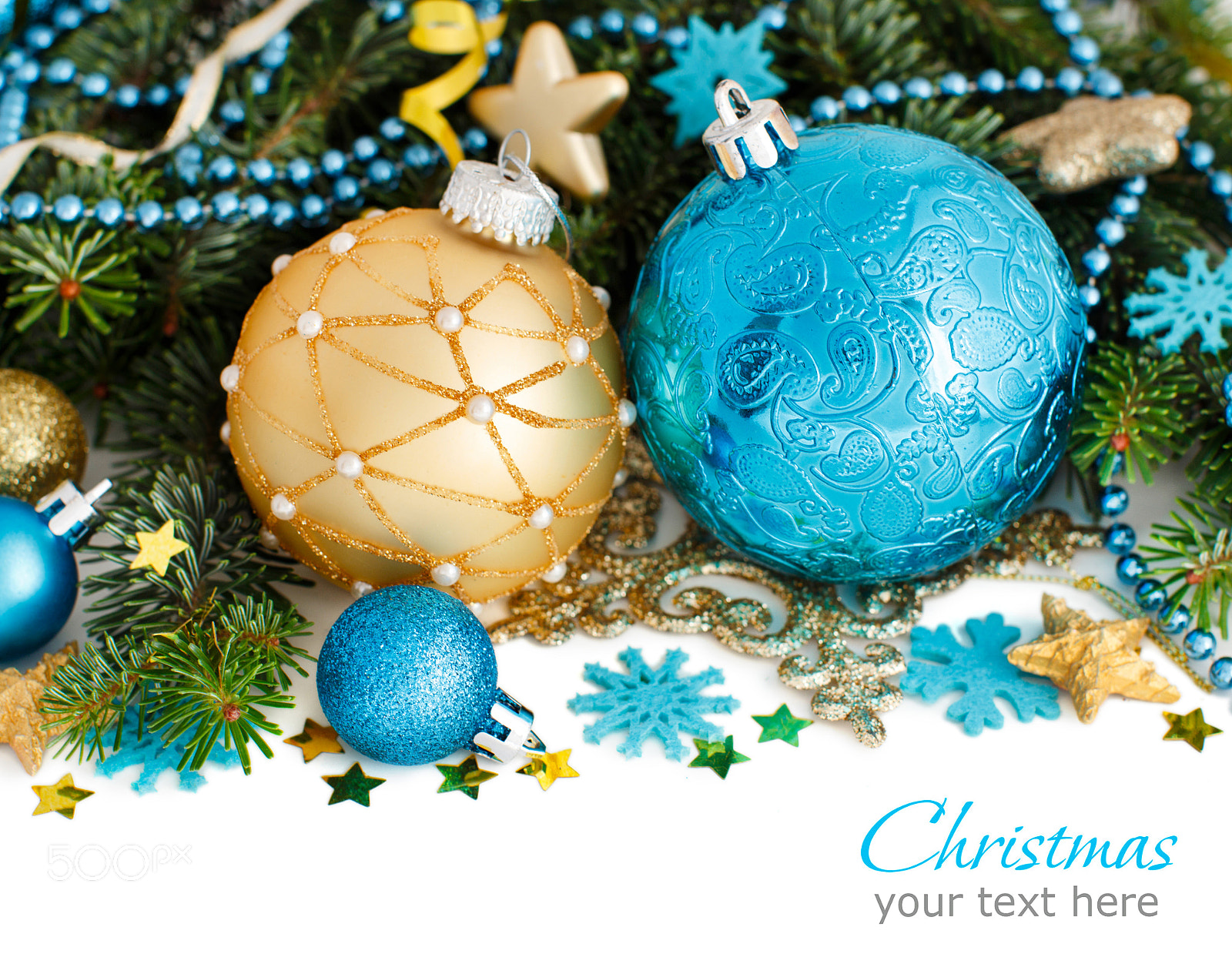 Canon EOS 650D (EOS Rebel T4i / EOS Kiss X6i) + Canon EF 50mm F1.2L USM sample photo. Turquoise and golden christmas ornaments border photography