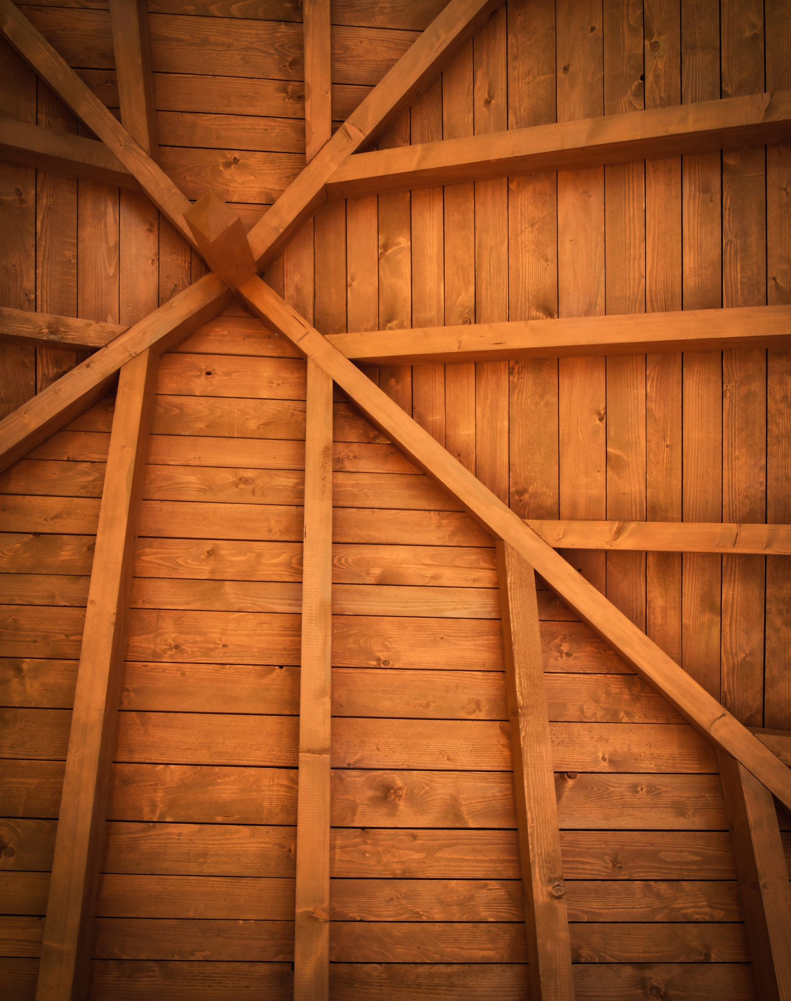 view of the wooden attic which from below