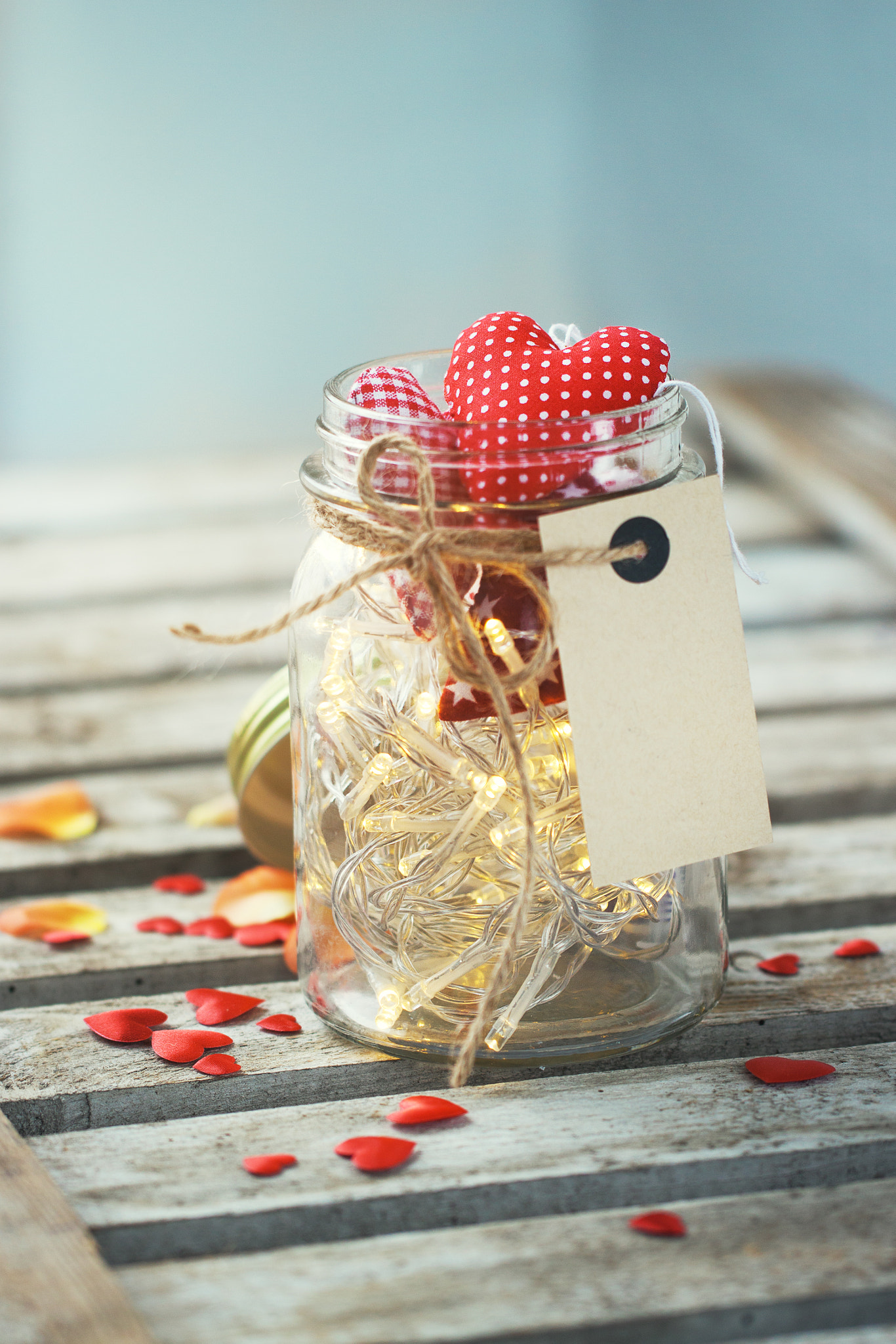 Canon EOS 50D + Canon EF 100mm F2.8L Macro IS USM sample photo. Beautiful lights, garland in a jar with textile red plush hearts photography