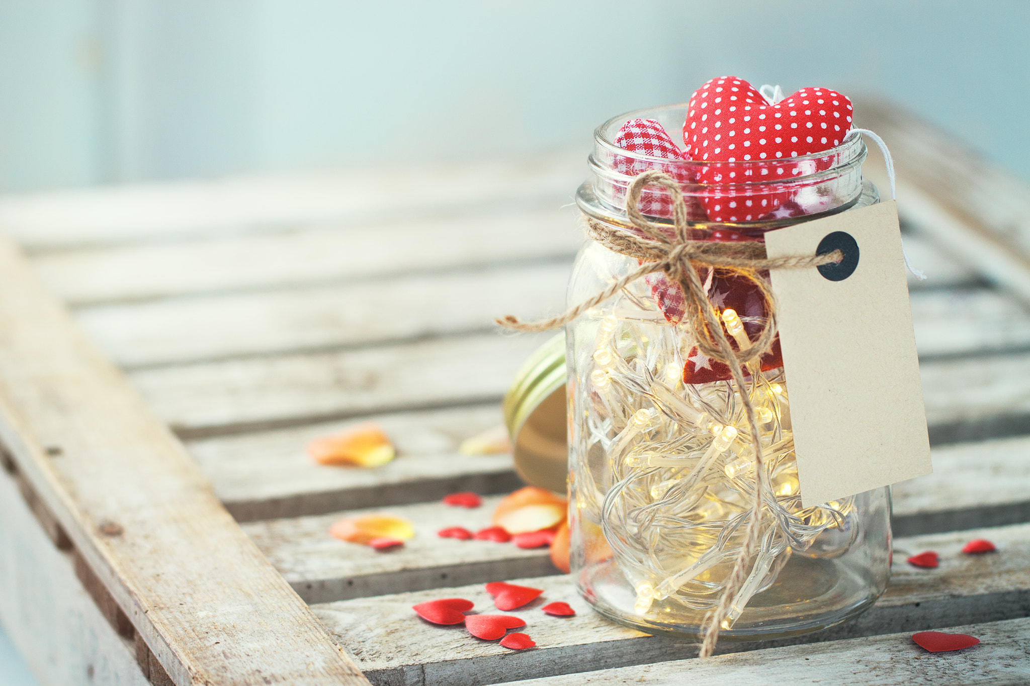 Canon EF 100mm F2.8L Macro IS USM sample photo. Beautiful lights, garland in a jar with textile red plush hearts photography