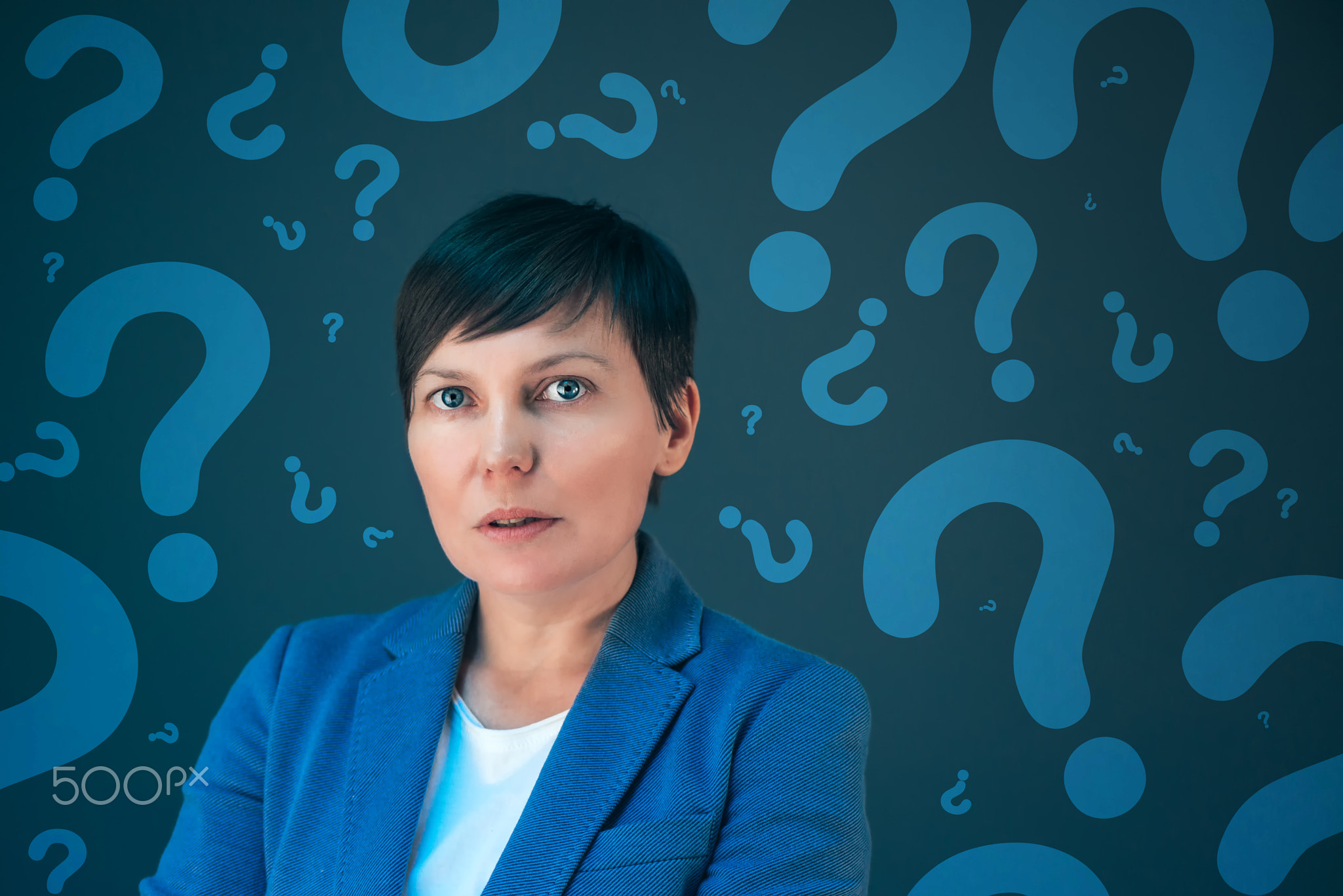 Business woman with question mark looking for answers