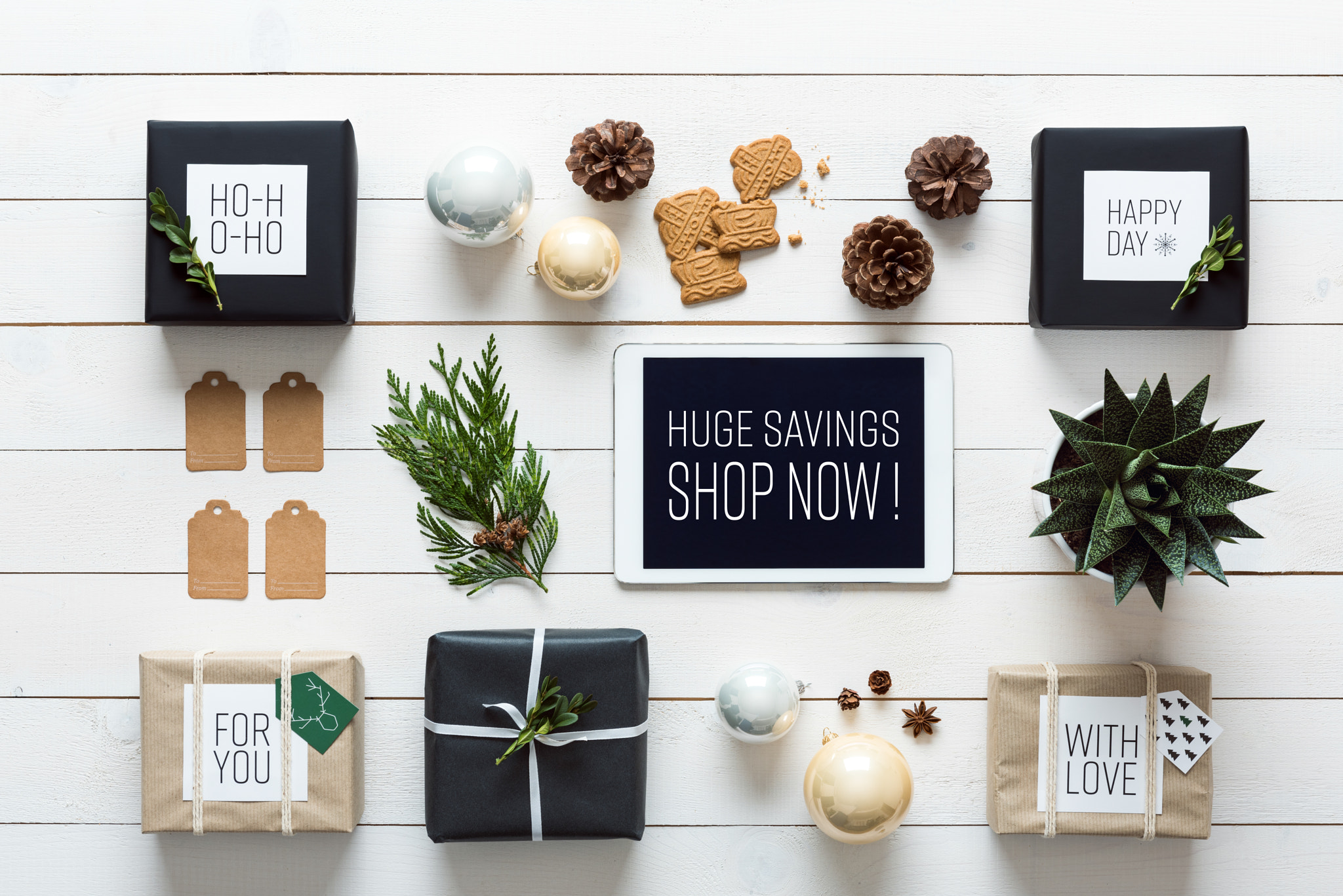 Elegant nordic retro christmas, wrapping station, desk view from above, online shopping concept