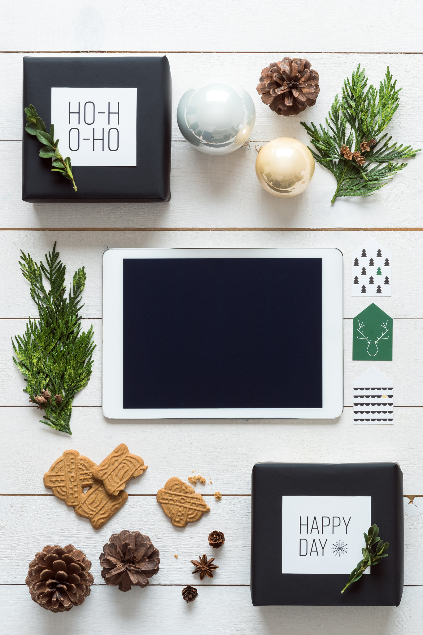 Elegant nordic retro christmas, wrapping station, desk view from above, online shopping concept