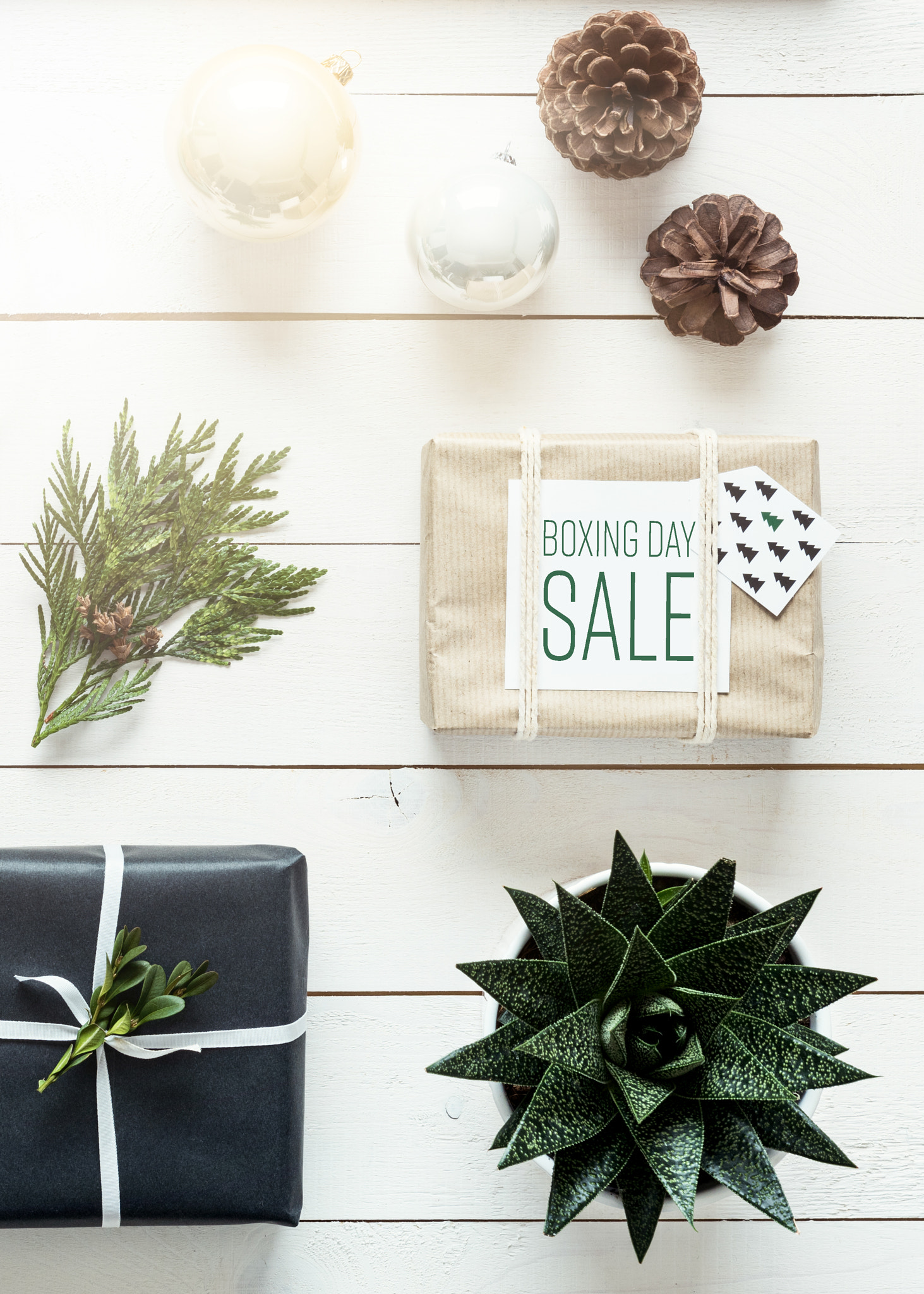 Elegant nordic retro christmas, wrapping station, desk view from above, xmas sale concept