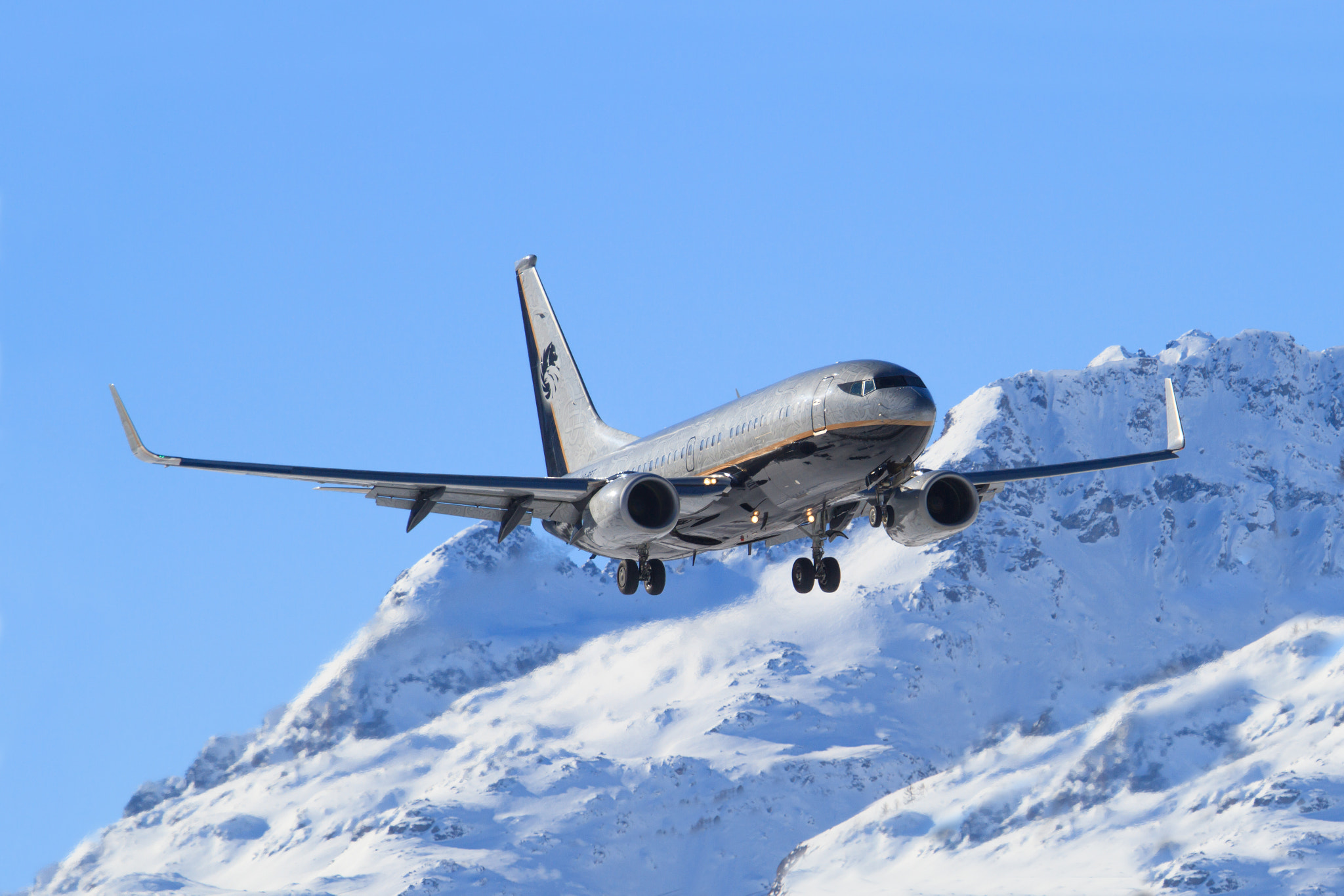Boeing 737 landing at snow paradise