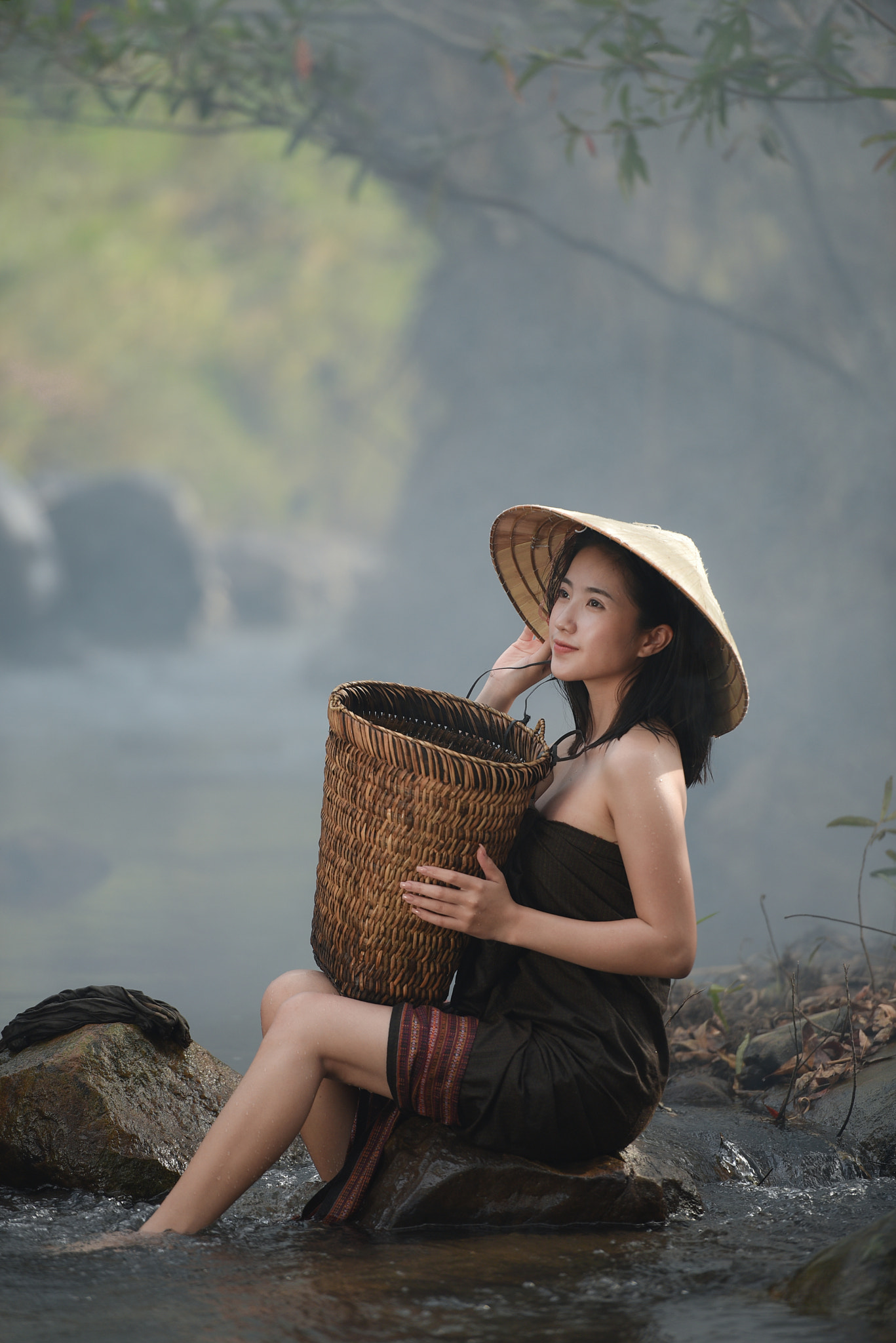 Asian sexy farmer woman take a shower at the river