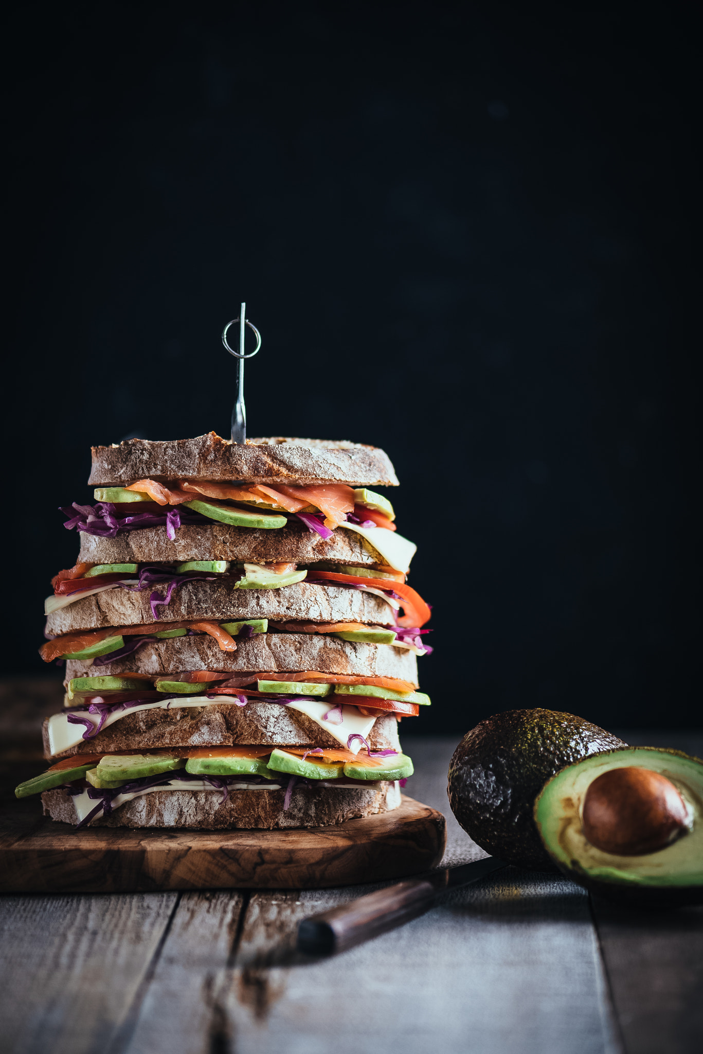 Sandwich tower of avocados & salmon