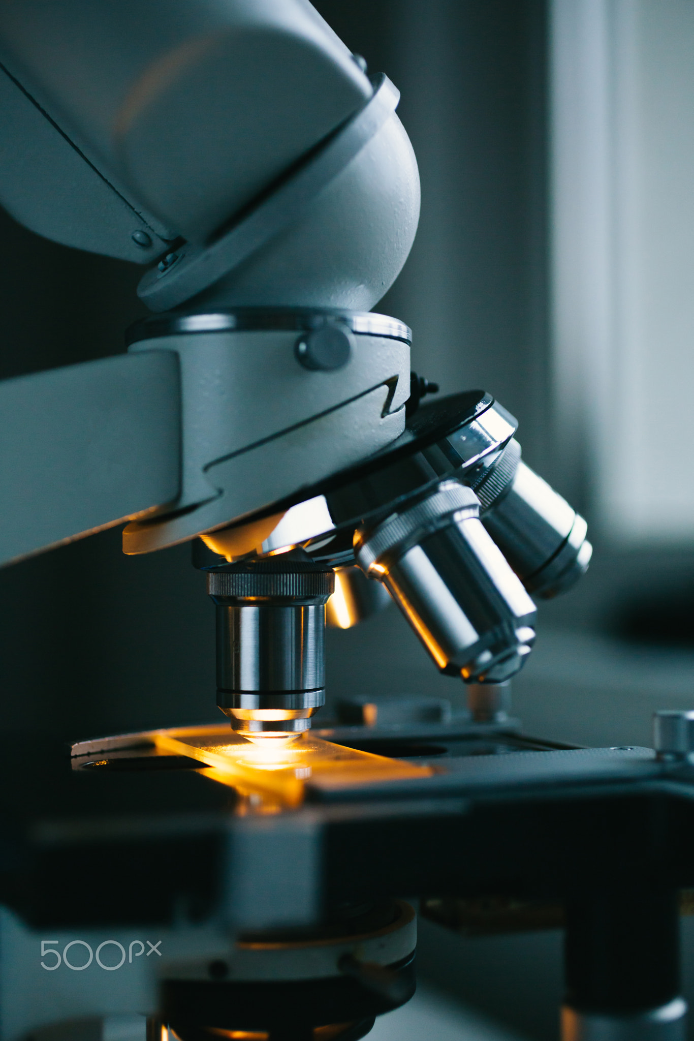 Close up of microscope and test sample