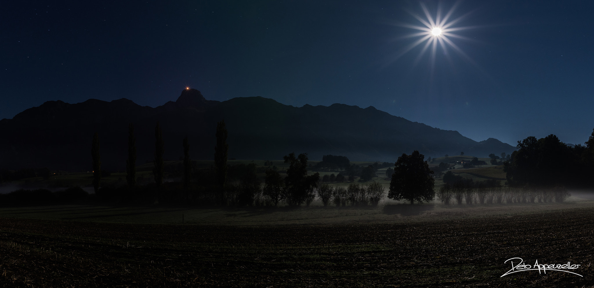 Nikon AF-S Nikkor 20mm F1.8G ED sample photo. Full moon over misty uebeschisee photography