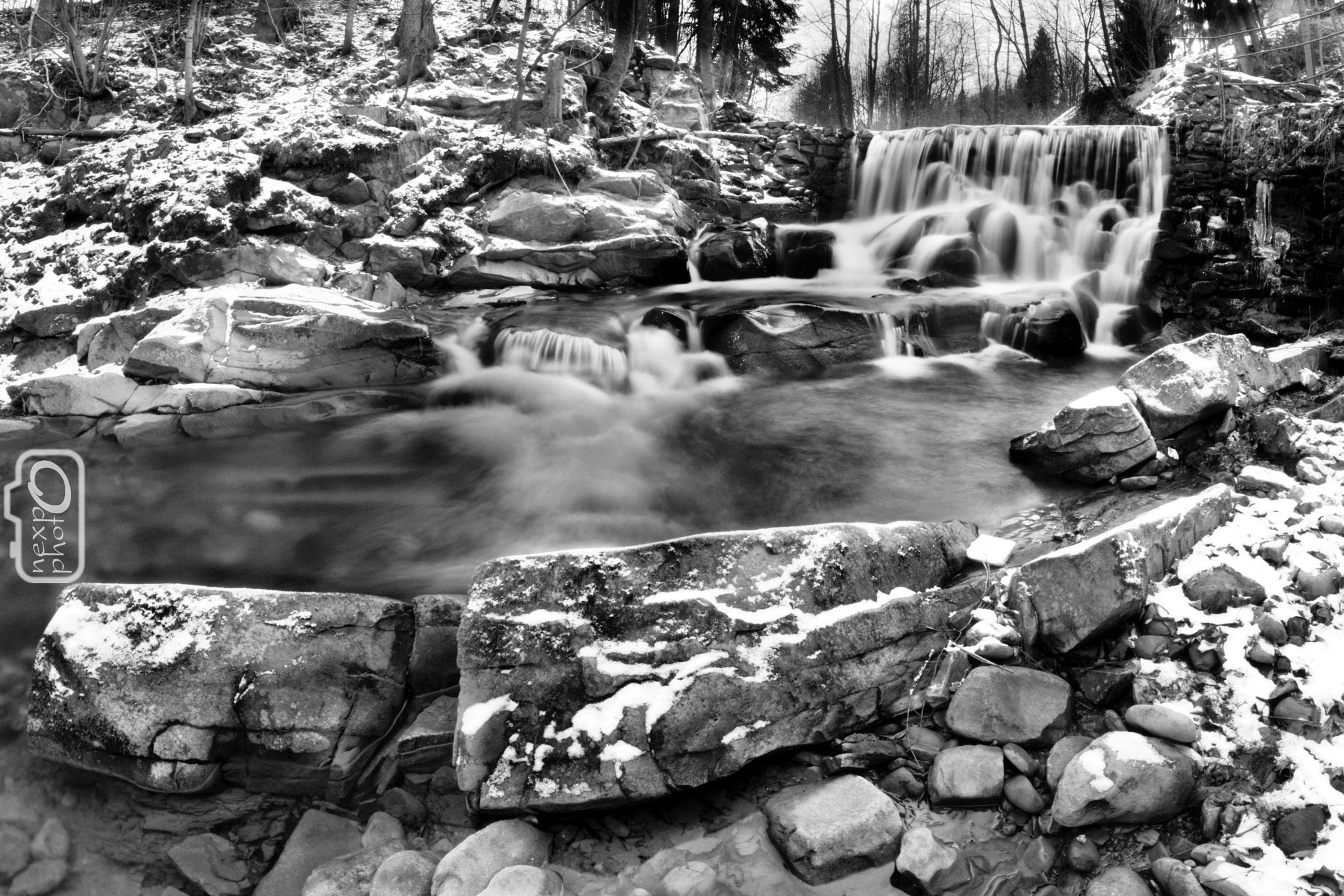 Manual Lens No CPU sample photo. Winter waterfall in black and white photography