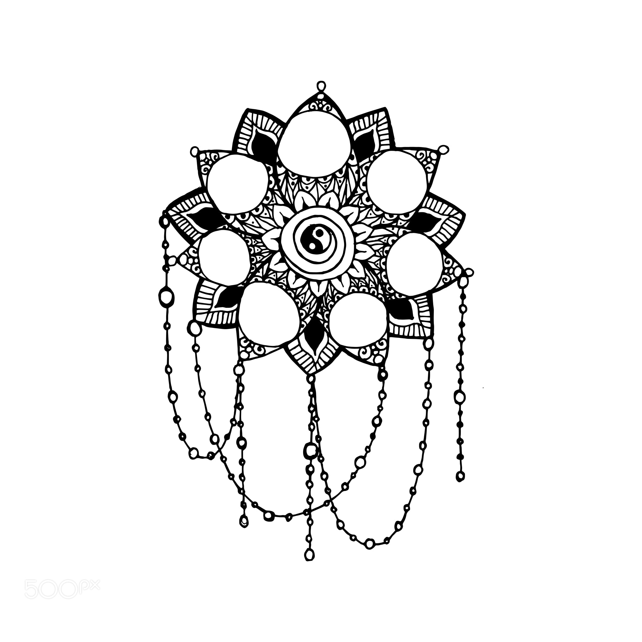 Doodle style monochrome black line art lotus with circles for your design.