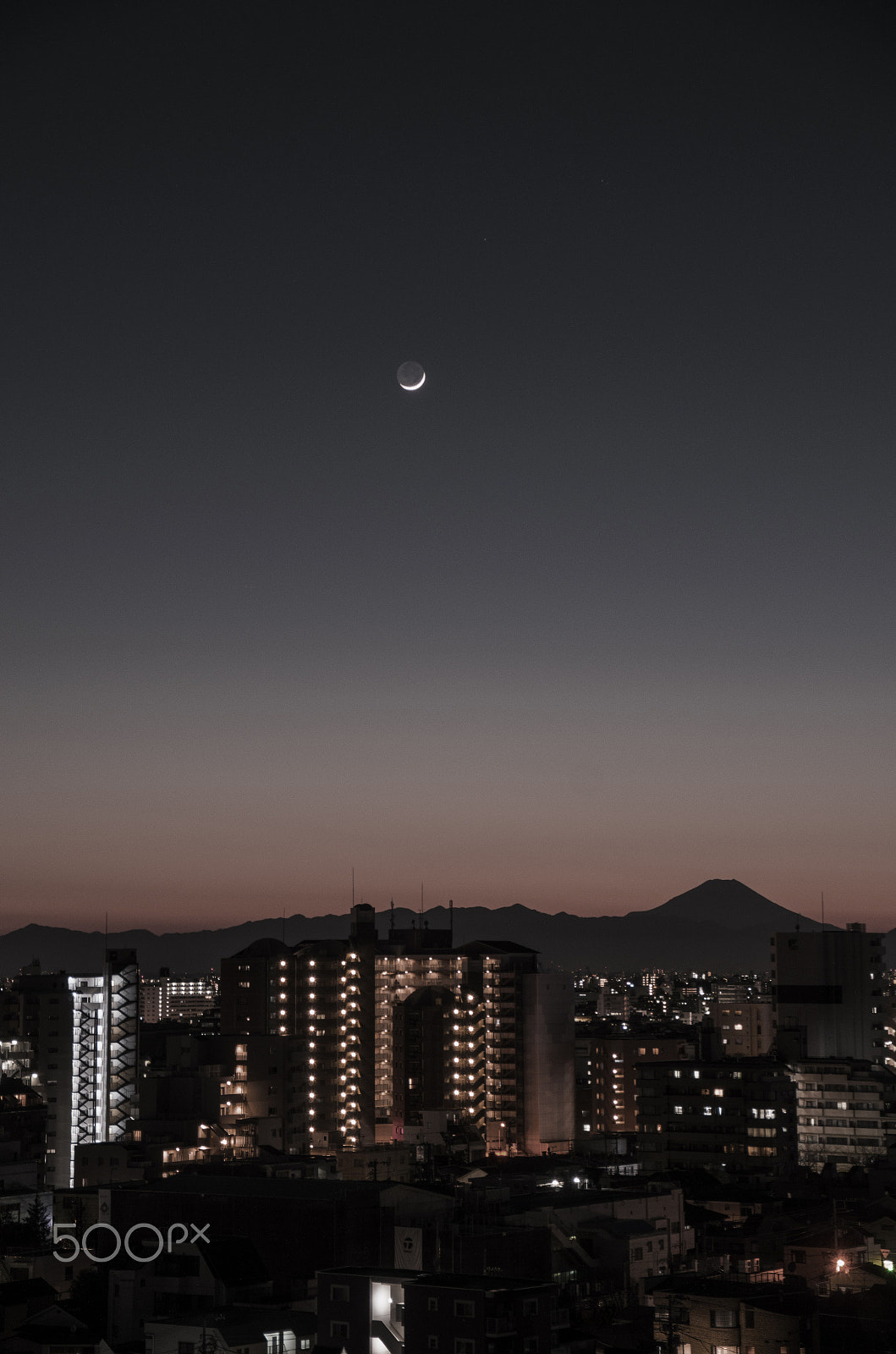 Ricoh GXR A16 sample photo. Crescent moon and fuji in the twilight 2016 photography