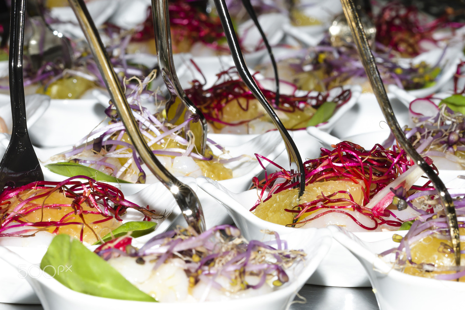 Sigma 105mm F2.8 EX DG OS HSM sample photo. Colorful mini snacks, appetizers in white cups. healthy diet or photography