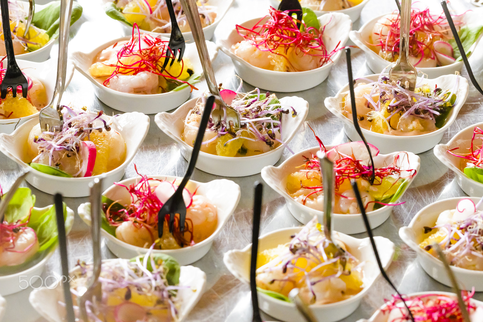 Sigma 105mm F2.8 EX DG OS HSM sample photo. Colorful mini snacks, appetizers in white cups. healthy diet or photography
