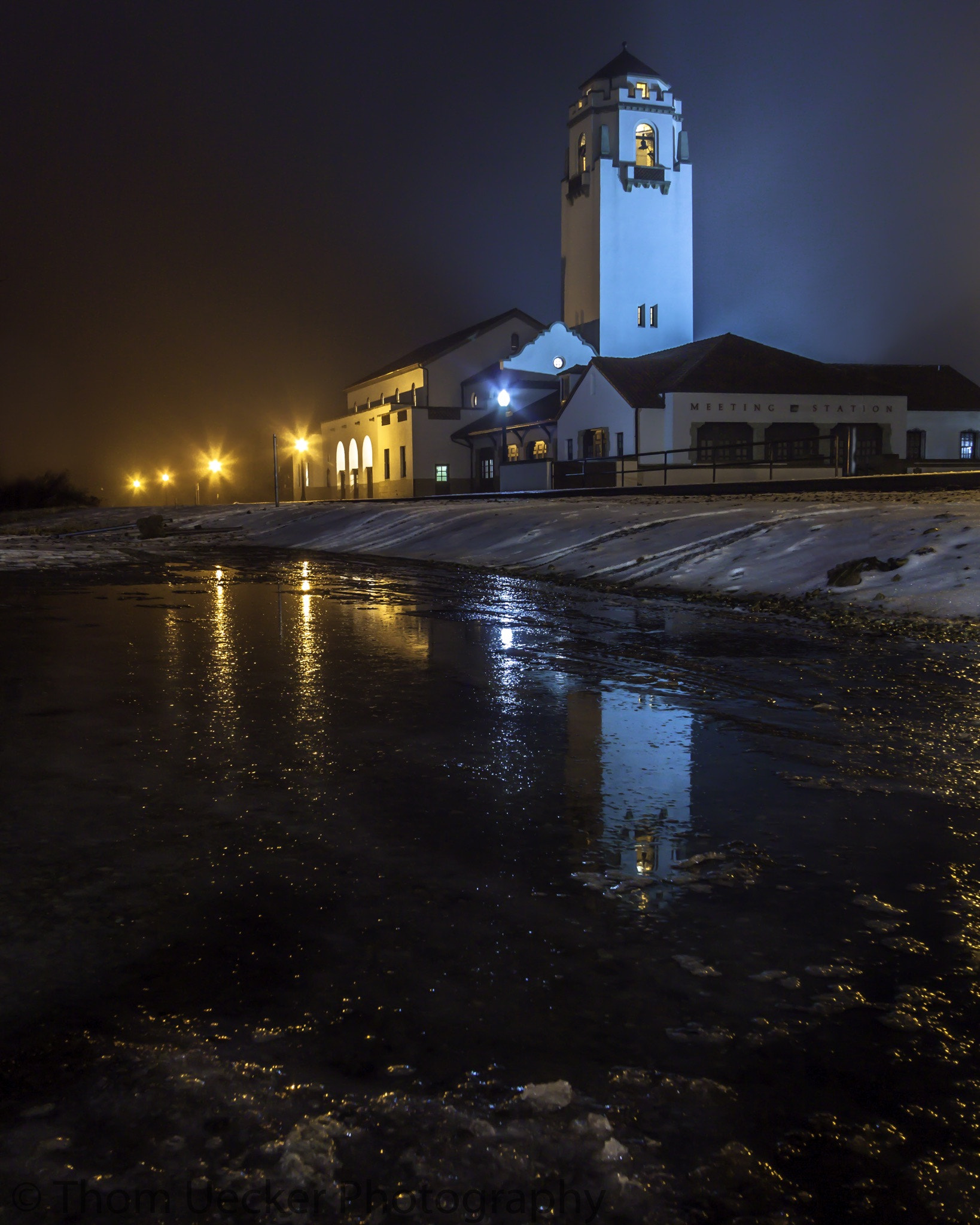 Canon EOS 500D (EOS Rebel T1i / EOS Kiss X3) sample photo. Train depot in boise idaho. cast on a cold foggy night, shot through a reflection. photography