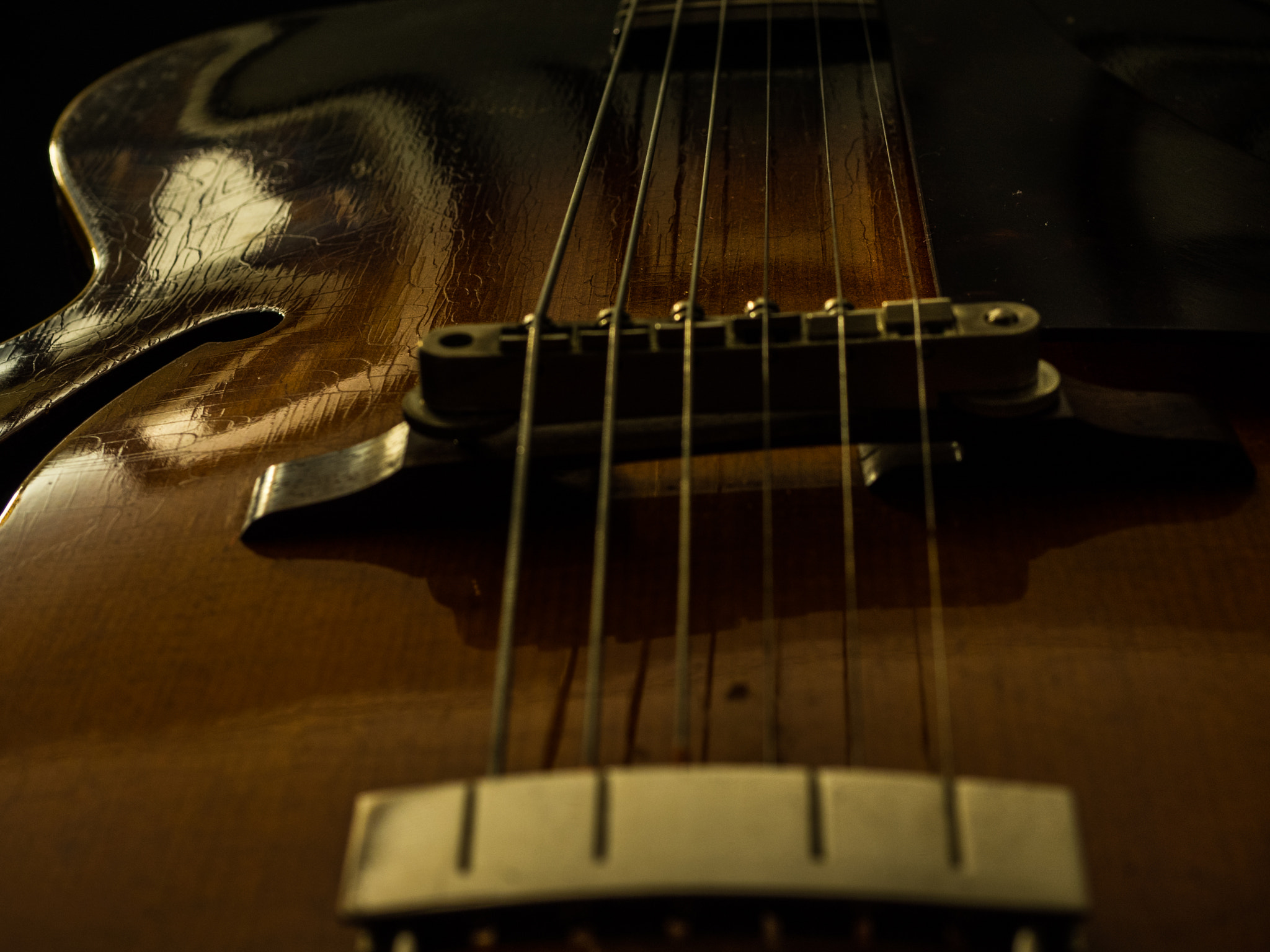 Panasonic Lumix DMC-GX8 + Panasonic Lumix G Macro 30mm F2.8 ASPH Mega OIS sample photo. Vintage 1950's gibson jazz guitar photography