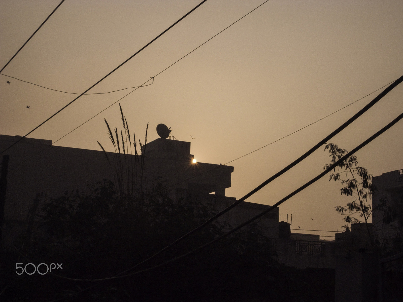 Ricoh GX200 sample photo. Sun emerging from behind a building right next to a satellite di photography