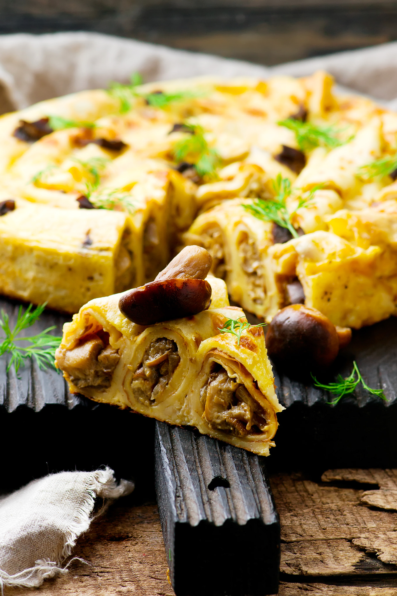 Nikon AF-S Micro-Nikkor 105mm F2.8G IF-ED VR sample photo. Blinis pie with forest mushrooms. selective focus photography