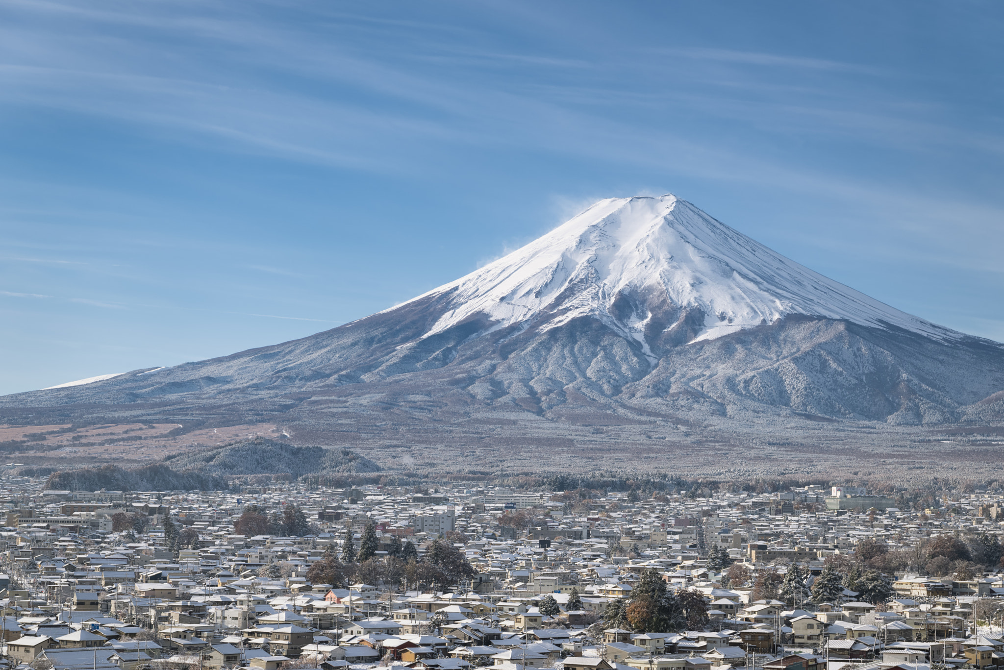 Nikon D810A sample photo. Snowcapped mount fuji over fujiyoshida in snow photography