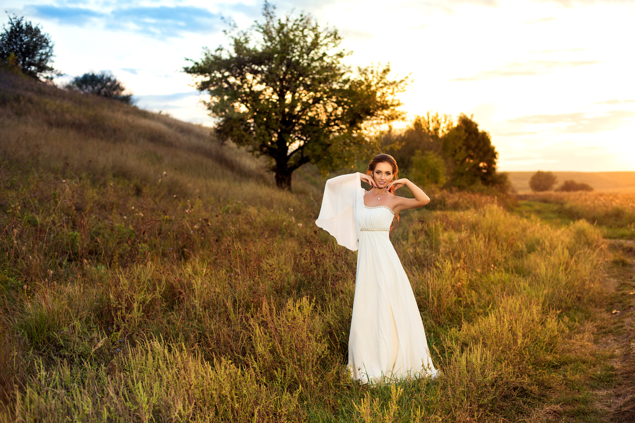 Nikon D810 + Nikon AF Nikkor 50mm F1.4D sample photo. Beauty romantic girl outdoors. beautiful young model woman dressed in long white dress on the... photography