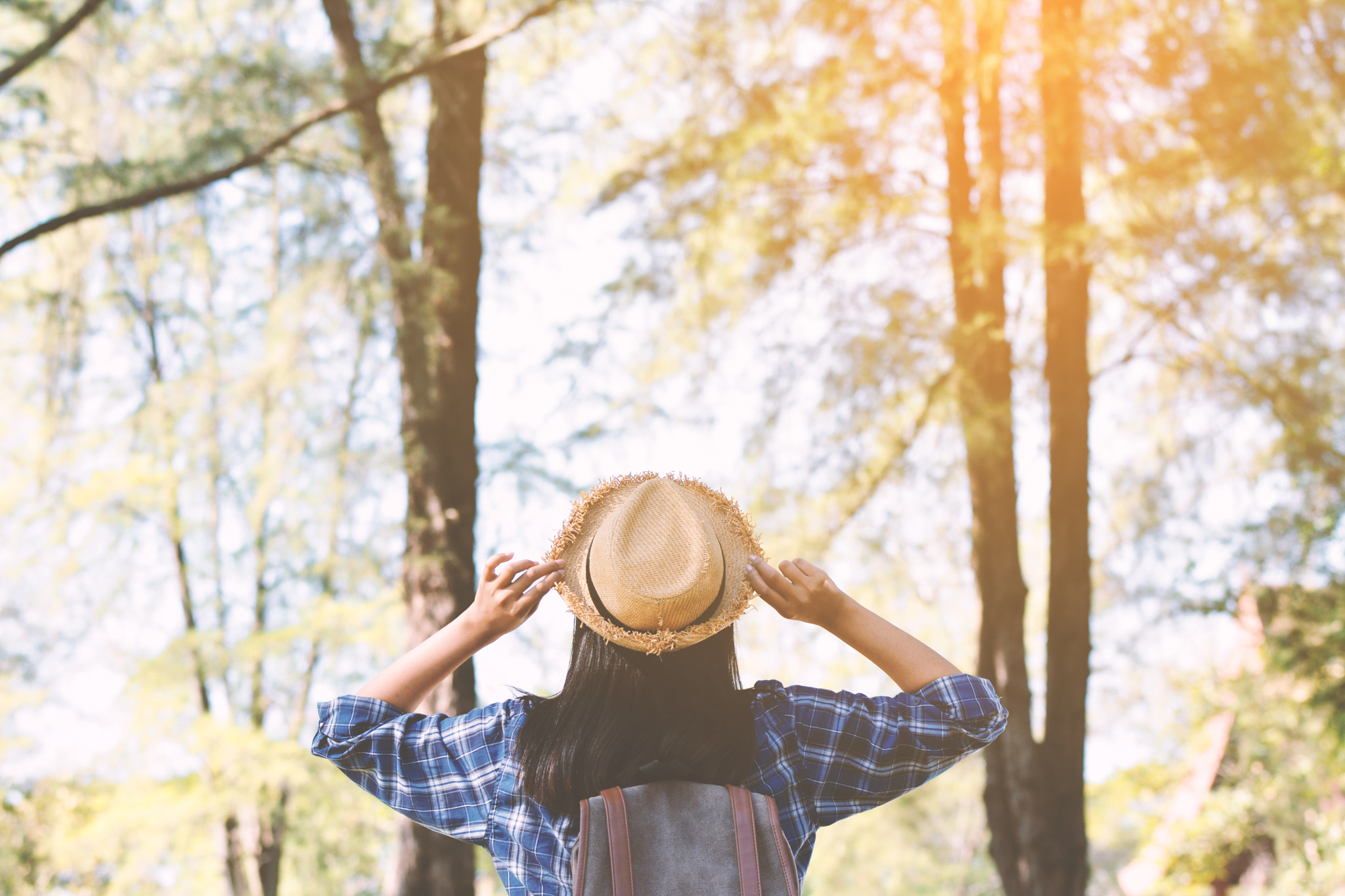 Nikon AF-S Nikkor 70-200mm F2.8G ED VR II sample photo. Happy asian girl backpack in park and forest background, relax time on holiday concept travel... photography