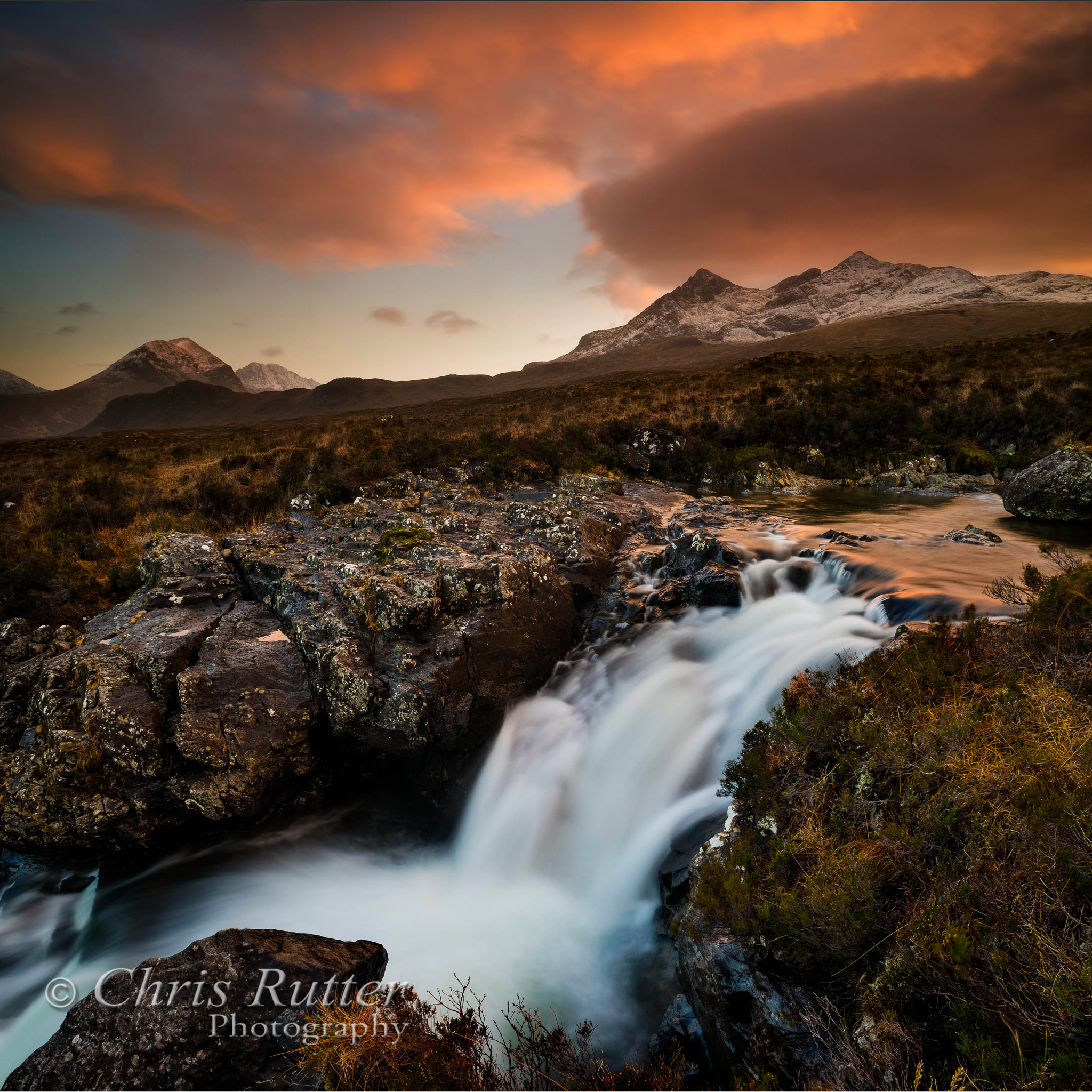 Nikon AF Nikkor 20mm F2.8D sample photo. Cuillin waterfall sunset photography