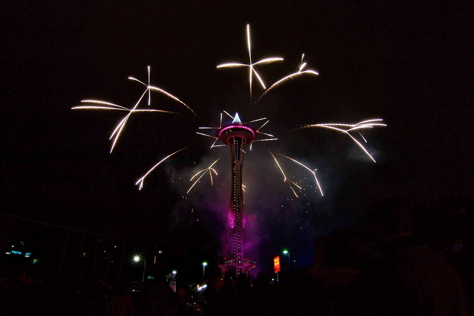 Canon EOS 40D sample photo. New year eve fireworks at space needle photography