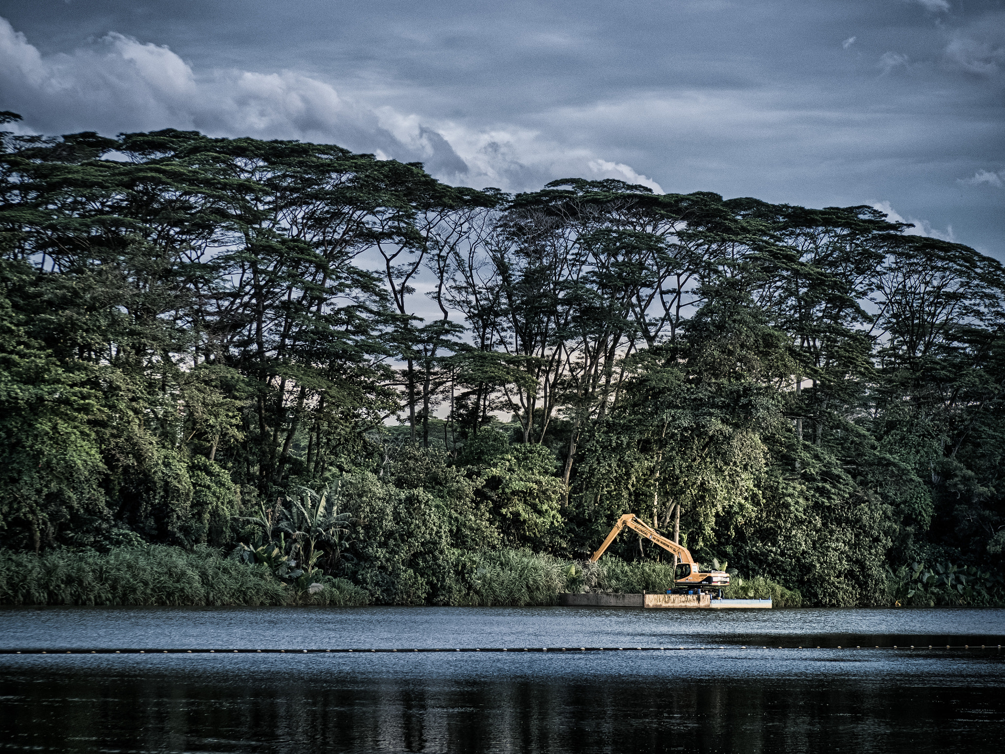 Olympus PEN-F sample photo. Floating excavator at work photography