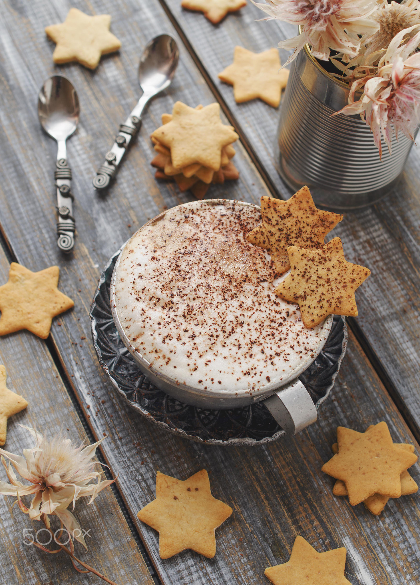 cup of hot cocoa flavored cookies. selective focus, top view