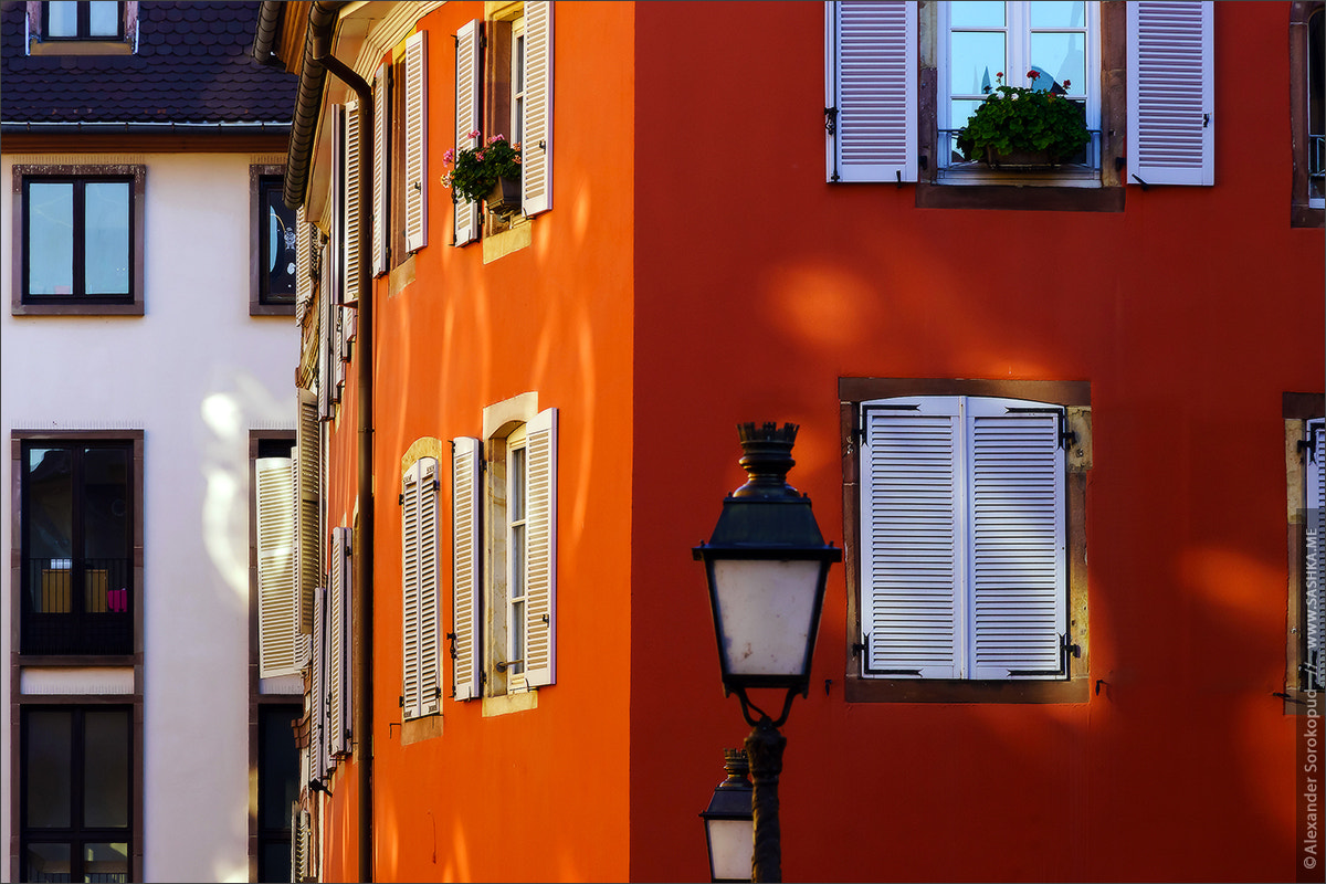 Sony a99 II sample photo. Red house wall with beautiful windows and shutters photography