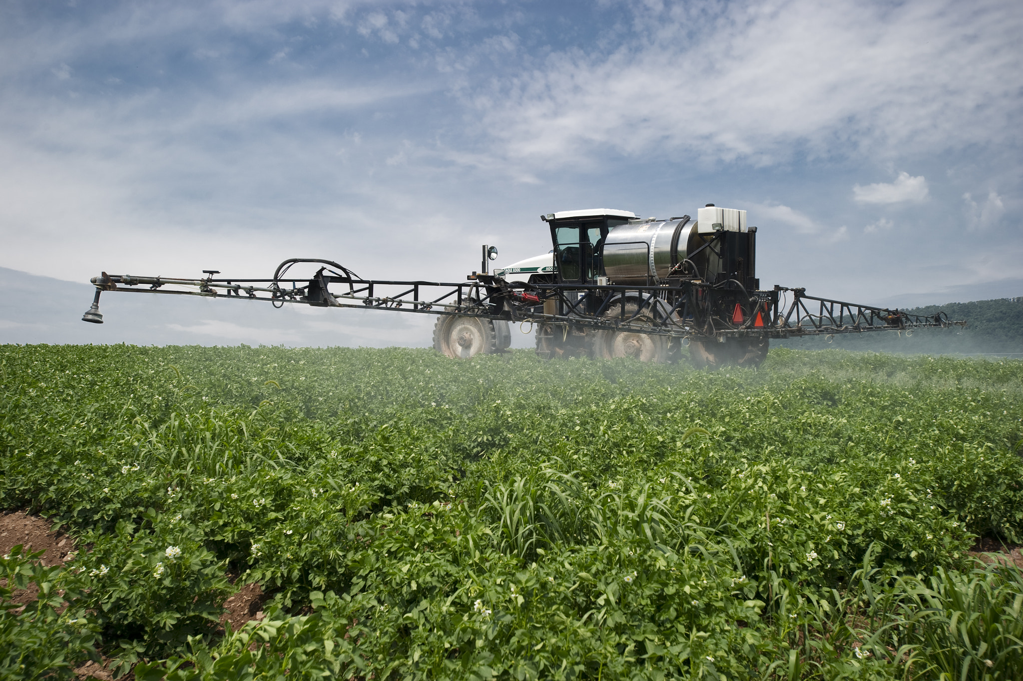 Nikon AF-S Nikkor 17-35mm F2.8D ED-IF sample photo. Field of potatoes being sprayed photography