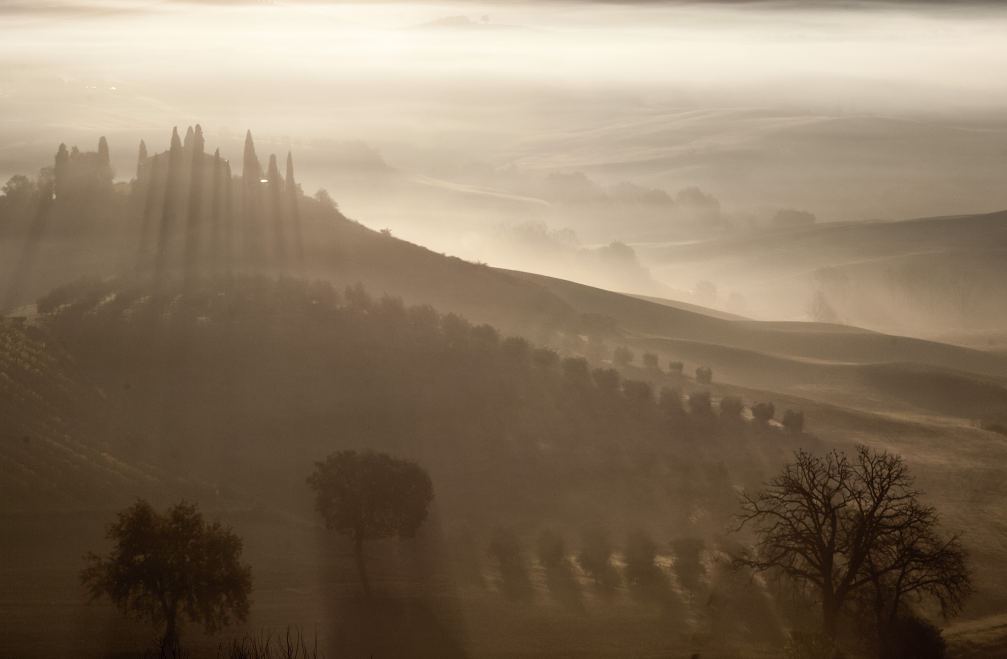 Canon EOS 5D + Canon EF 100-300mm f/5.6L sample photo. Foggy sunrise in tuscany photography