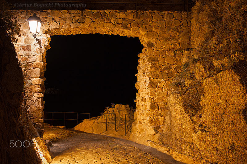 Canon EOS 5D Mark II sample photo. Stone wall gate in tossa at night photography