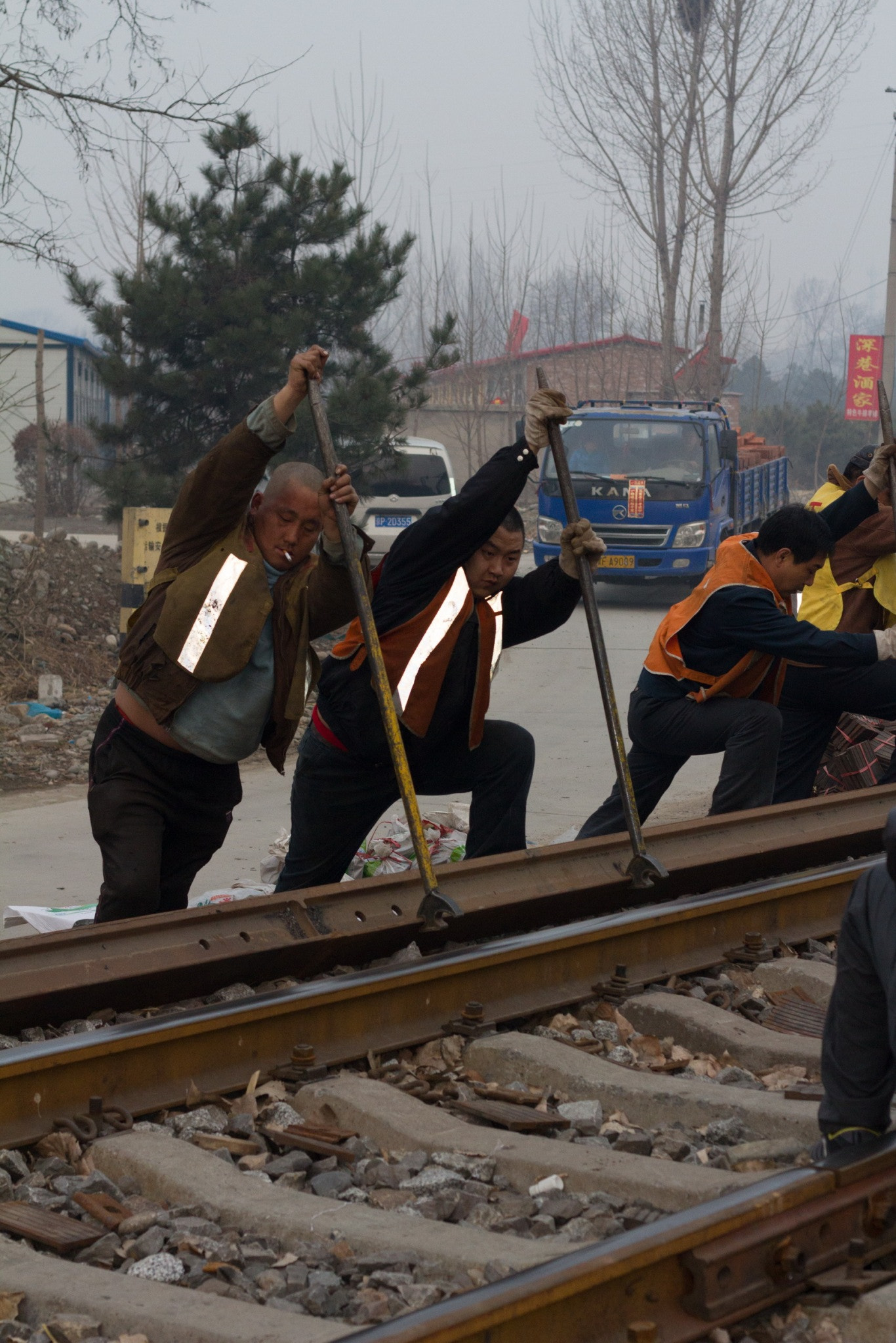 Railway worker in action