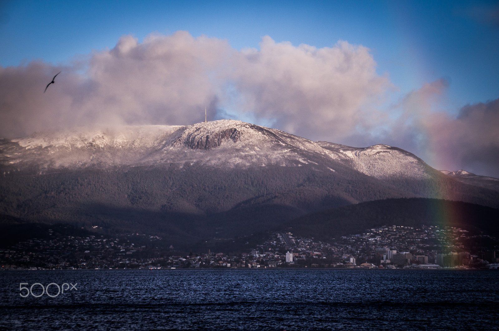 Sony SLT-A37 sample photo. Hobart, tasmania with rainbow and snowy mt. wellington in background photography