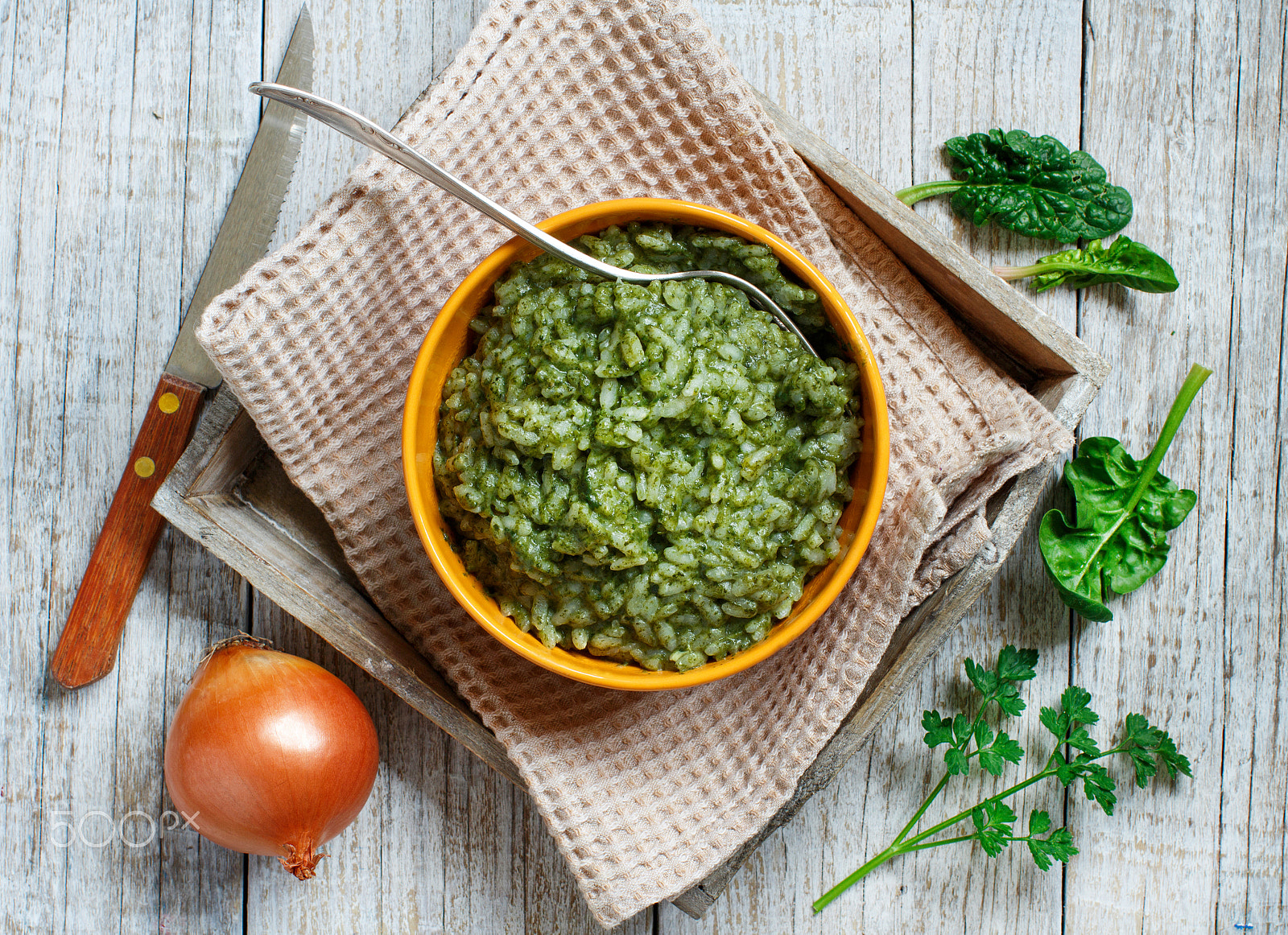 Canon EOS 650D (EOS Rebel T4i / EOS Kiss X6i) + Canon EF 50mm F1.2L USM sample photo. Risotto with spinach cream photography