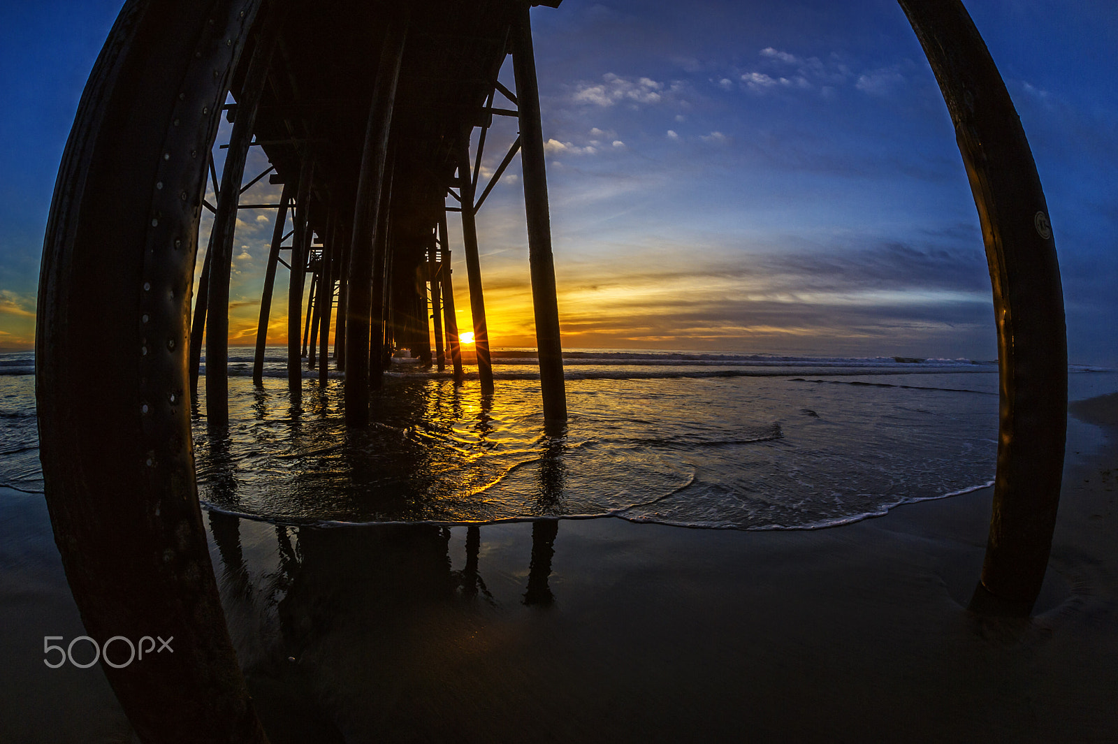 Nikon D3S + Sigma 15mm F2.8 EX DG Diagonal Fisheye sample photo. Sunset under the pier in oceanside photography