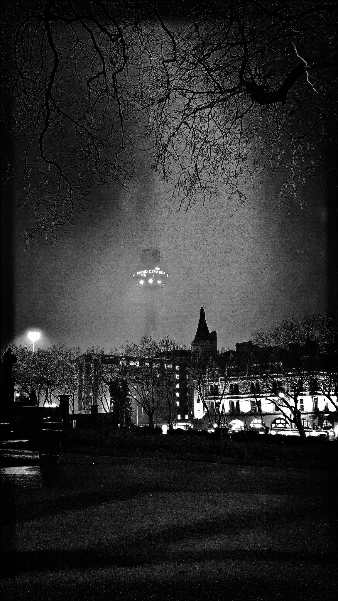 Hipstamatic 330 sample photo. Liverpool radio tower in a foggy dark night photography