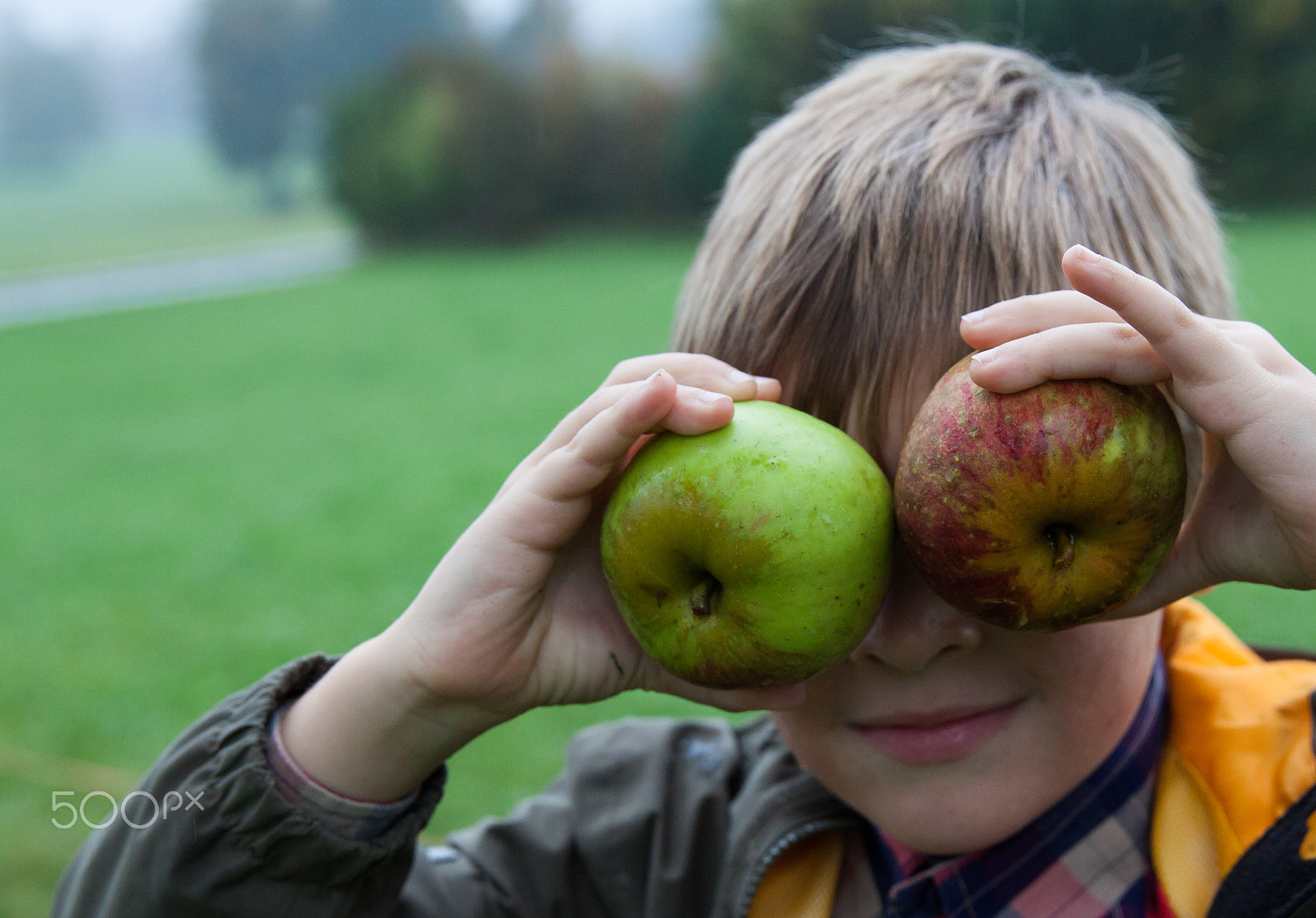 Canon EF 24-70mm F2.8L II USM sample photo. Young boy holding and eating apple, autumn garden photography