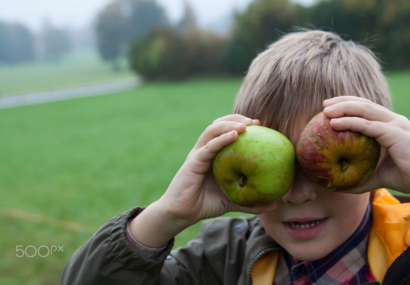 Canon EF 24-70mm F2.8L II USM sample photo. Young boy holding and eating apple, autumn garden photography