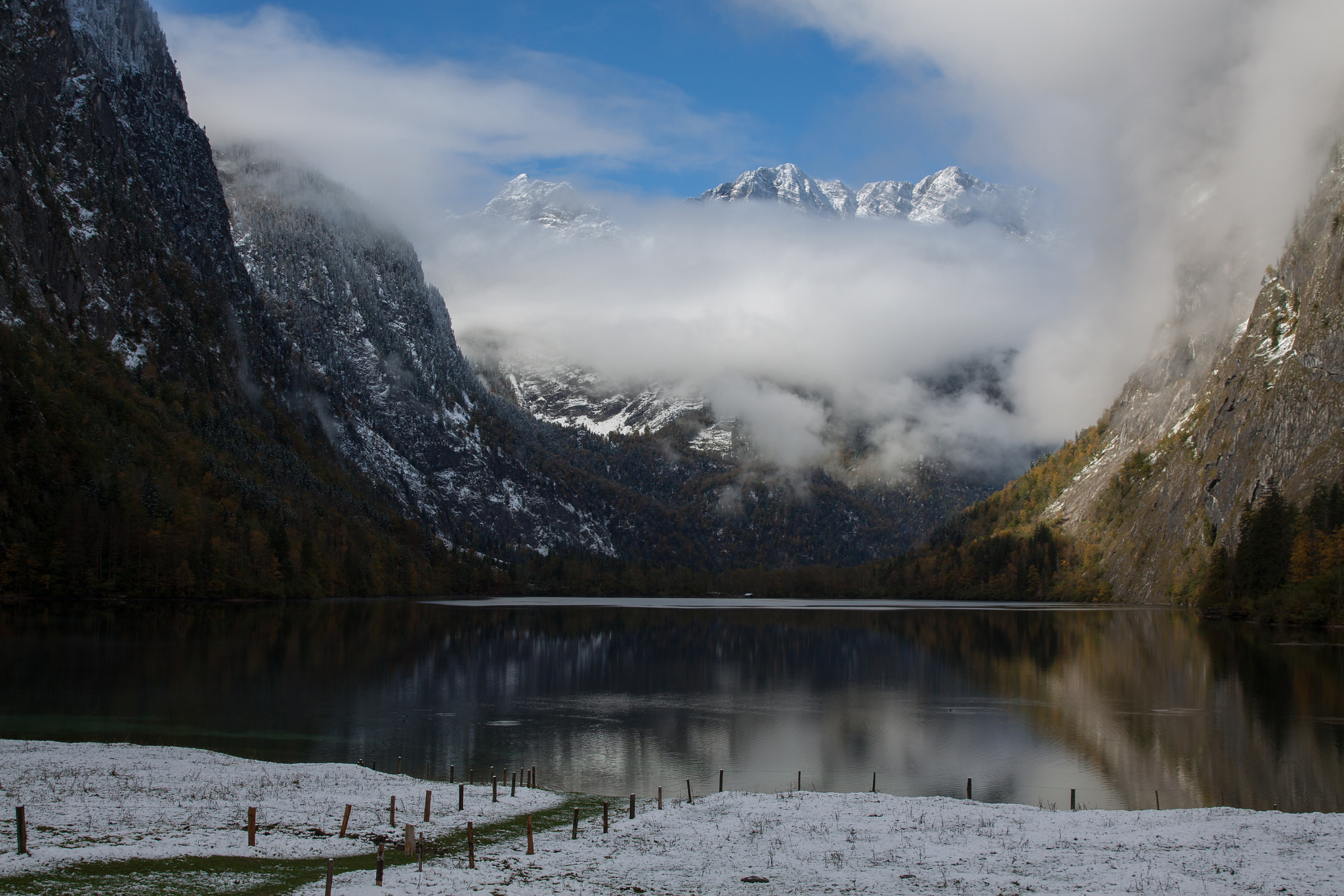 Canon EOS 50D + Canon EF 24-70mm F2.8L II USM sample photo. Winter snow covered mountains from the lake photography