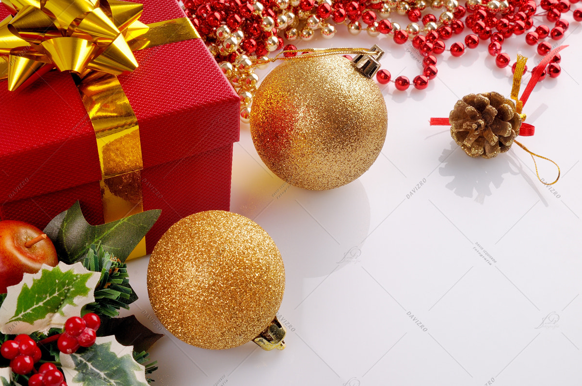 Tamron SP 24-70mm F2.8 Di VC USD sample photo. Christmas decoration with two balls and gift top view photography
