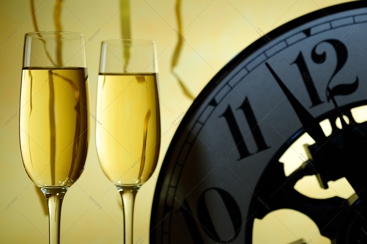 Tamron SP 24-70mm F2.8 Di VC USD sample photo. Two glasses and a clock ready for a new year photography