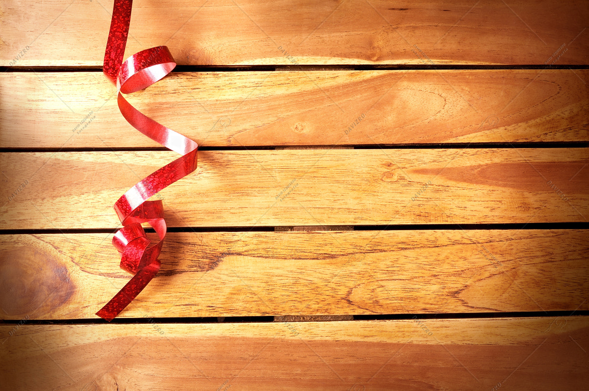Nikon D300 + Tamron SP 24-70mm F2.8 Di VC USD sample photo. Ribbon festive decoration on wooden table top photography
