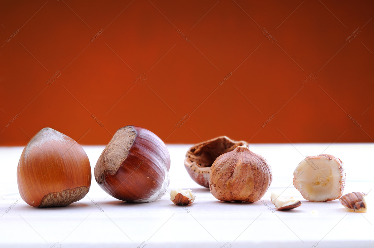 Nikon D300 sample photo. Hazelnuts on a white table and background brown front view photography